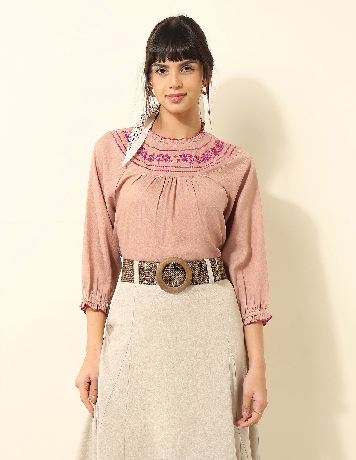 Yoke Embroidered Frill Top Beige - U.S. POLO ASSN. | Large