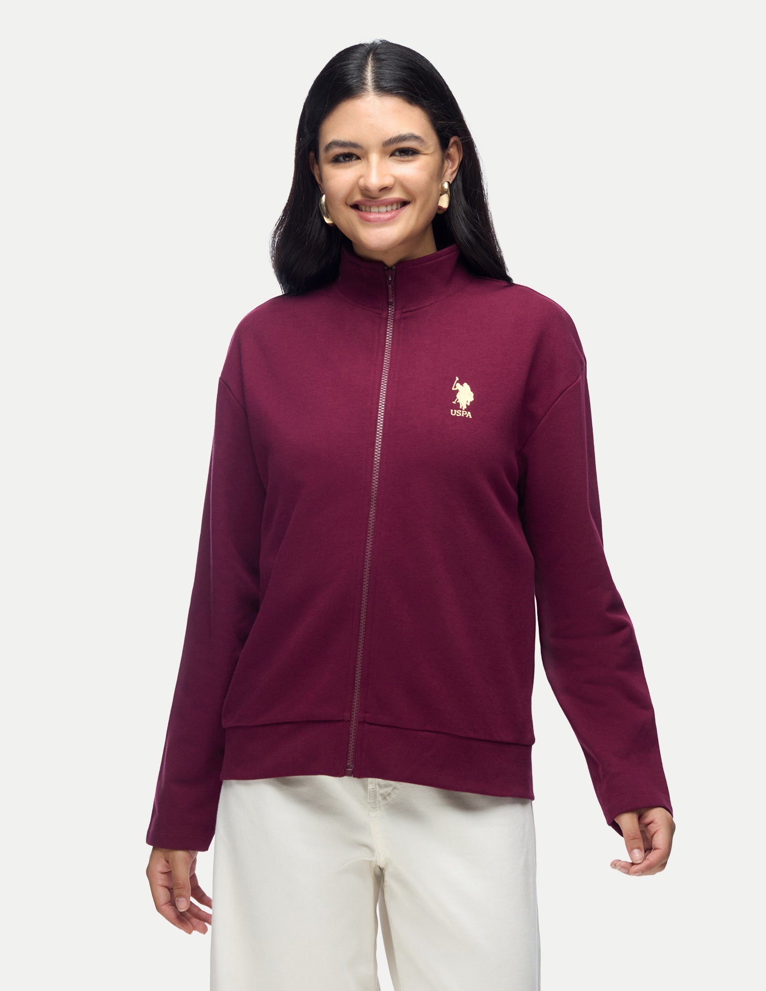 Solid Regular Fit Zipper Sweatshirt Maroon - U.S. Polo Assn. India | Large