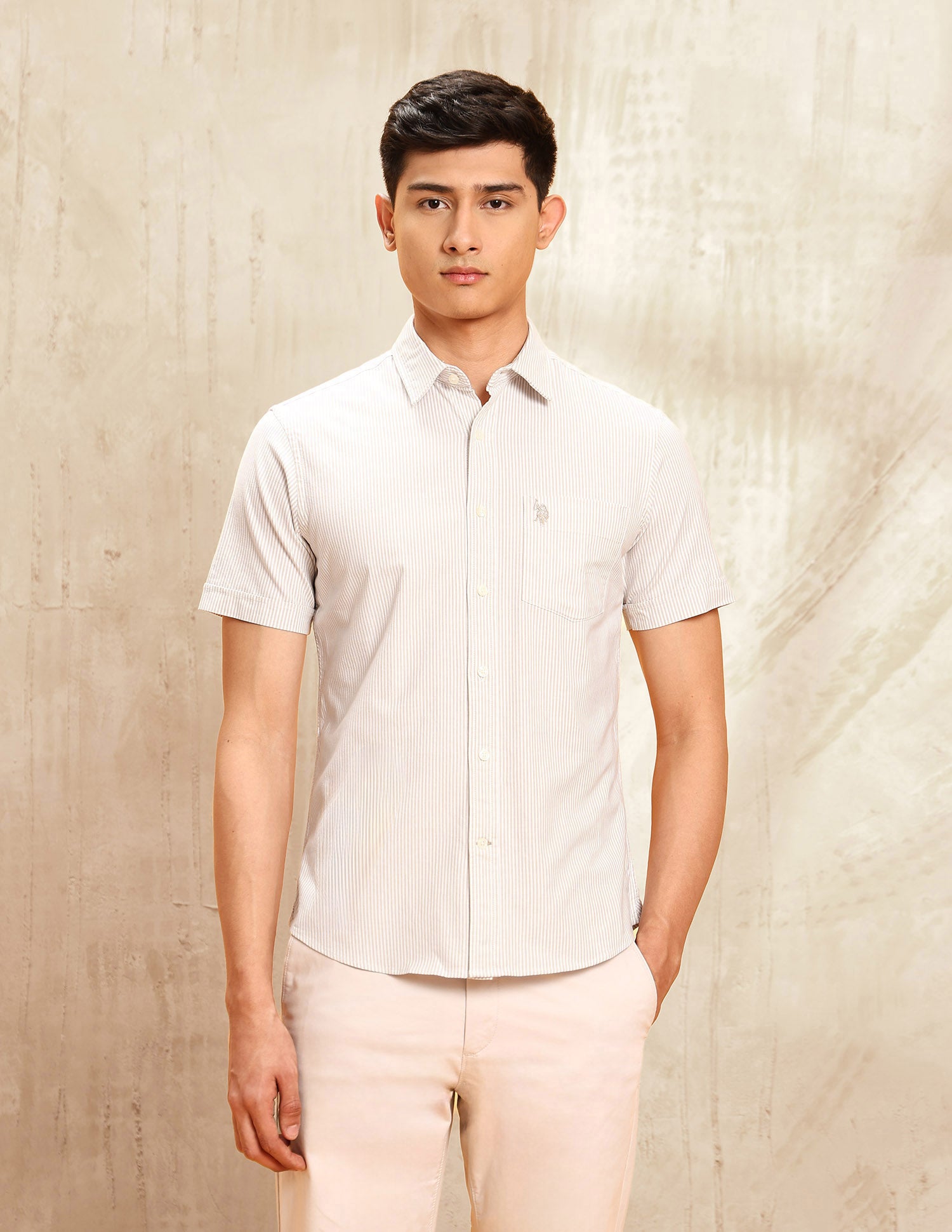 Vertical Striped Tailored Fit Shirt Beige - U.S. POLO ASSN. | Large