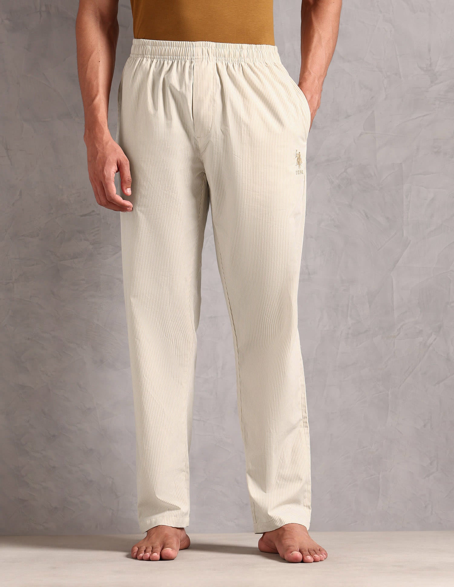 Pure Cotton Striped LP004 Lounge Pants - Pack Of 1 White and Beige - U.S. Polo Assn. India | Large