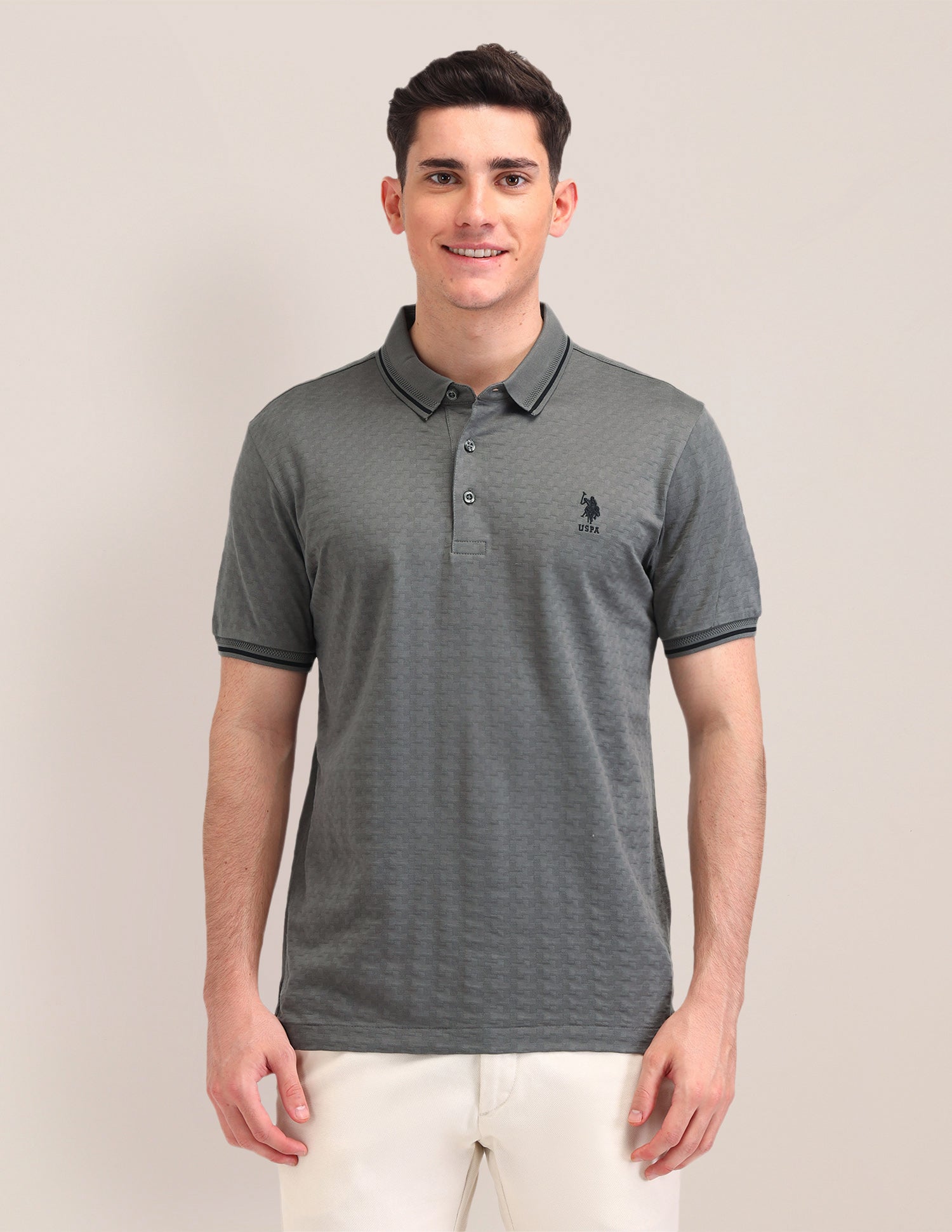 Textured Cotton Polo Shirt Grey - U.S. Polo Assn. India | Large
