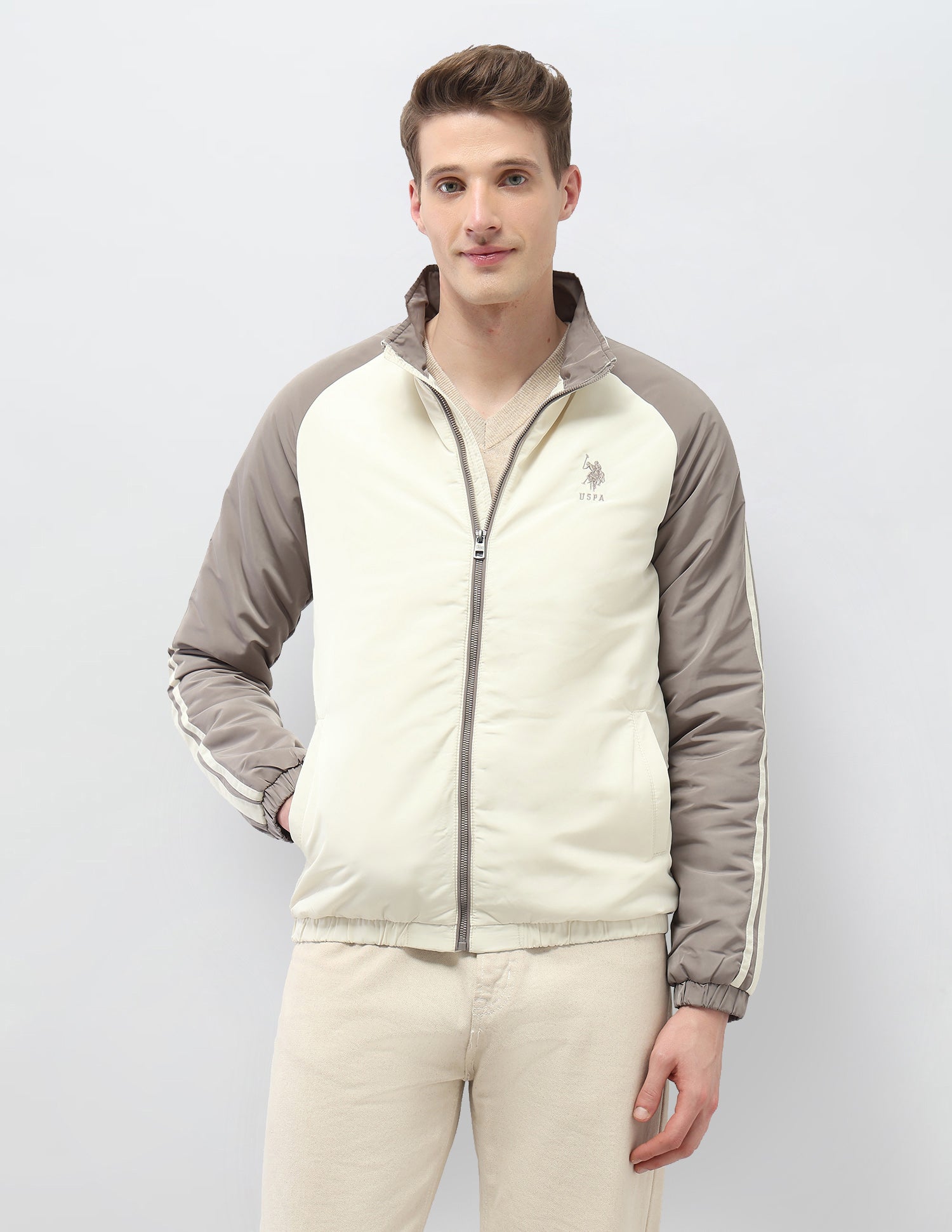 Colour Blocked Regular Fit Puffer Jacket Ivory - U.S. Polo Assn. India | Large