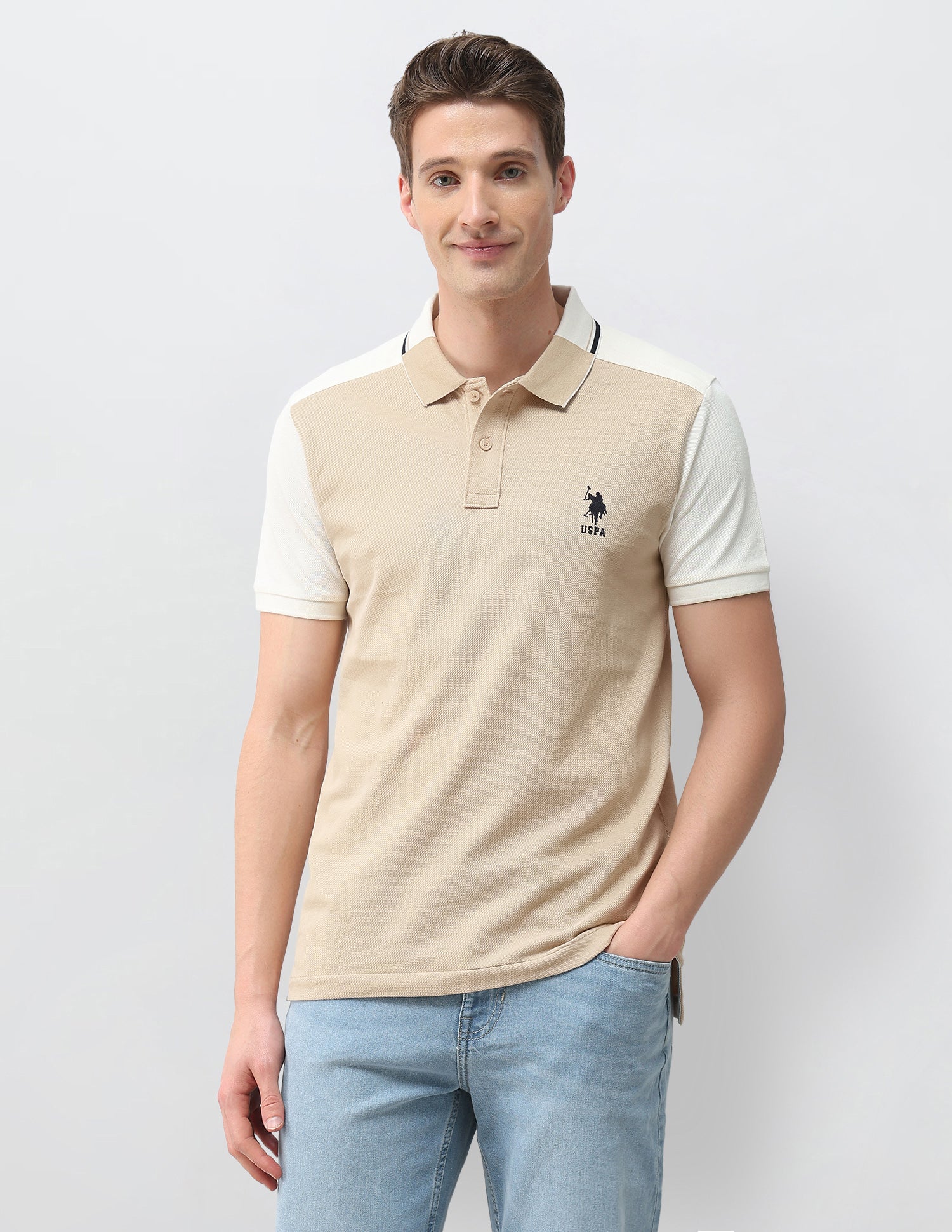 Colourblocked Slim Fit Polo Shirt Beige - U.S. Polo Assn. India | Large