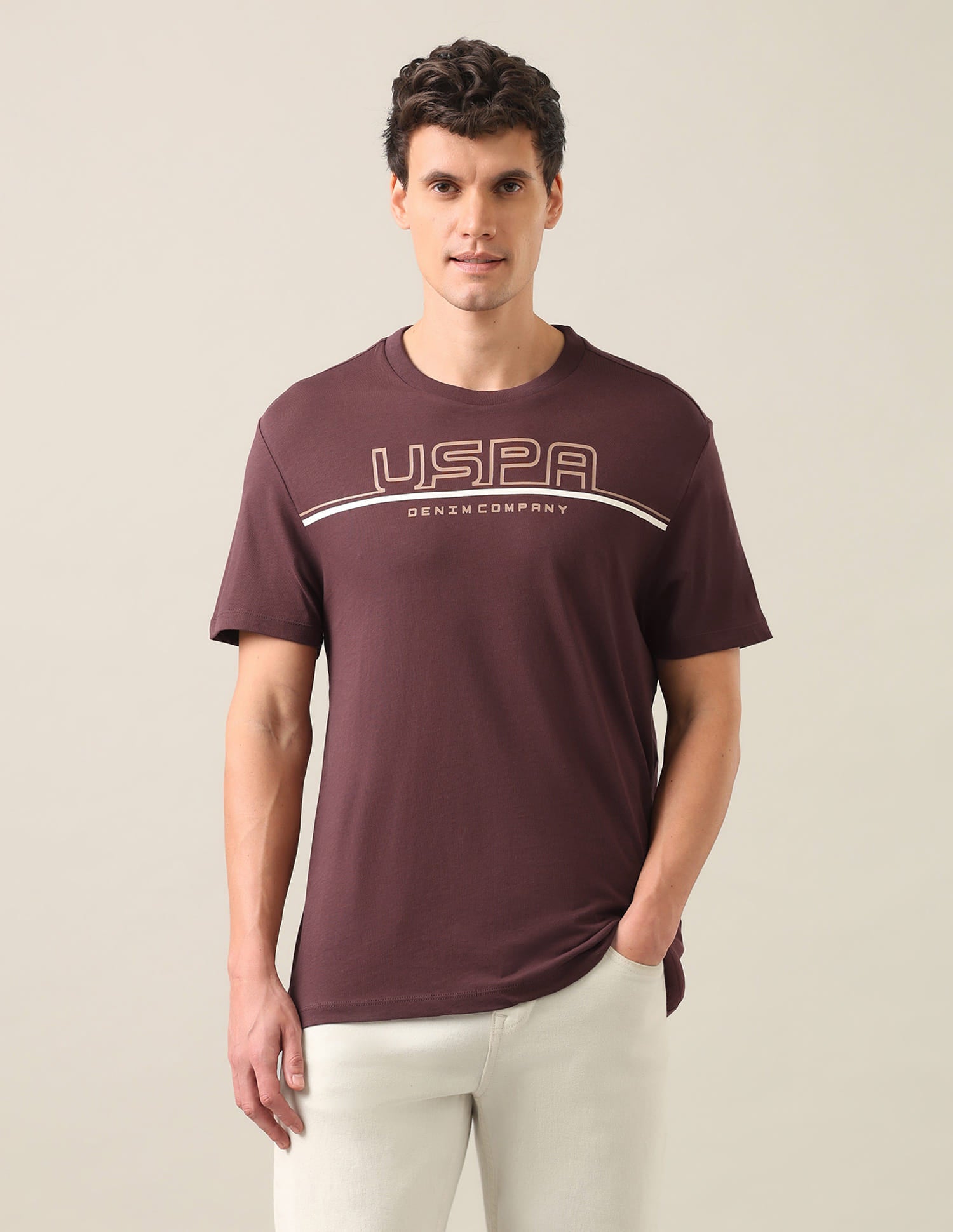 Typographic Brand Printed Regular Fit T-Shirt Maroon - U.S. Polo Assn. India | Large