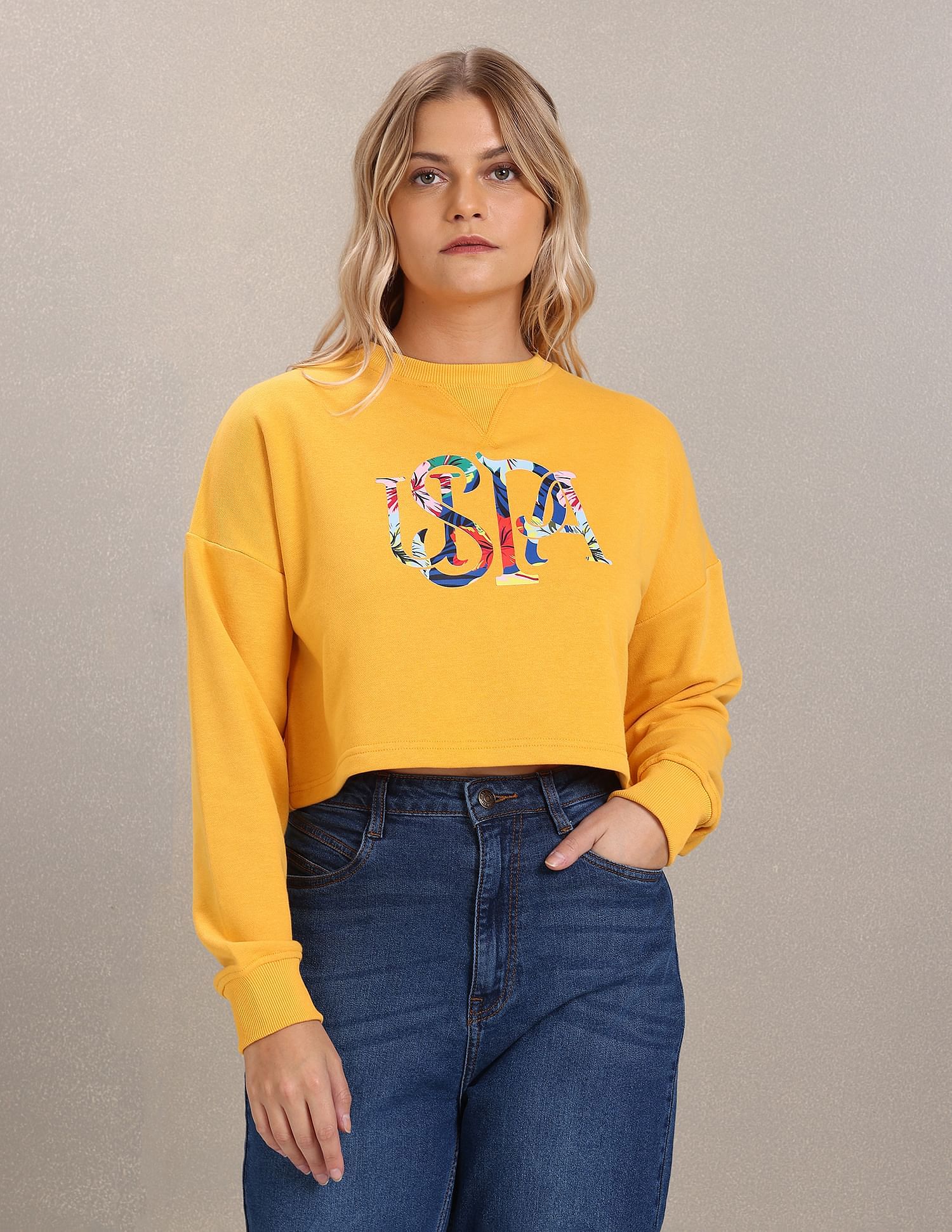 Crew Neck Brand Print Cropped Sweatshirt Mustard - U.S. Polo Assn. India | Large