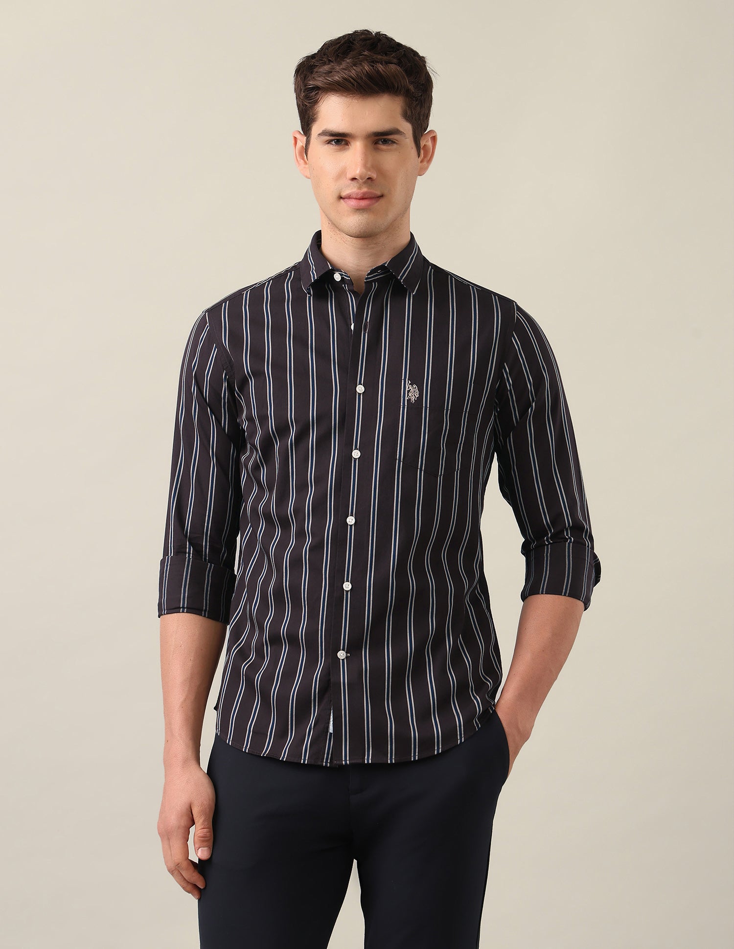 Tailored Fit Vertical Striped Shirt Choco - U.S. Polo Assn. India | Large