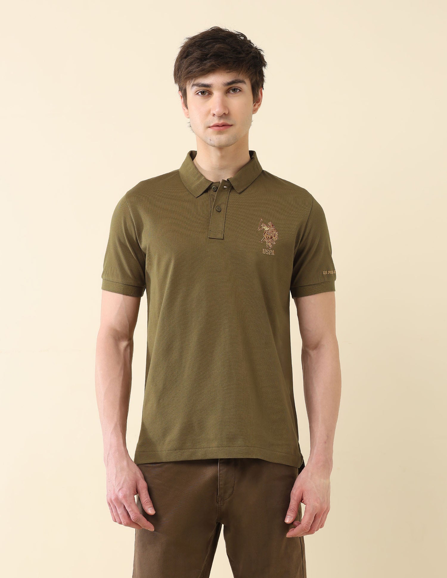Solid Pure Cotton Gold Cup Polo Shirt Olive - U.S. Polo Assn. India | Large