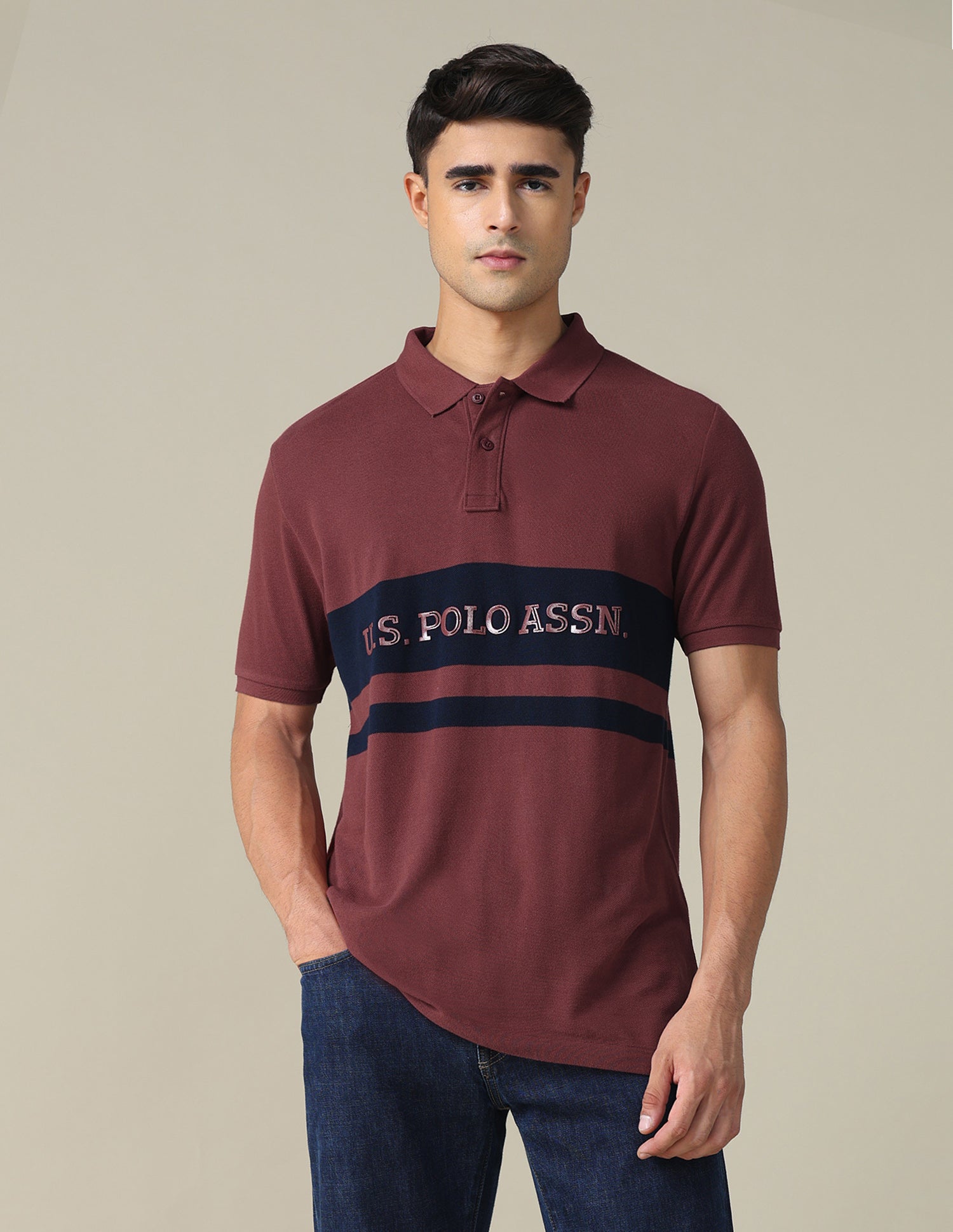 Colourblocked Brand Printed Regular Fit Polo Shirt Maroon - U.S. POLO ASSN. | Large