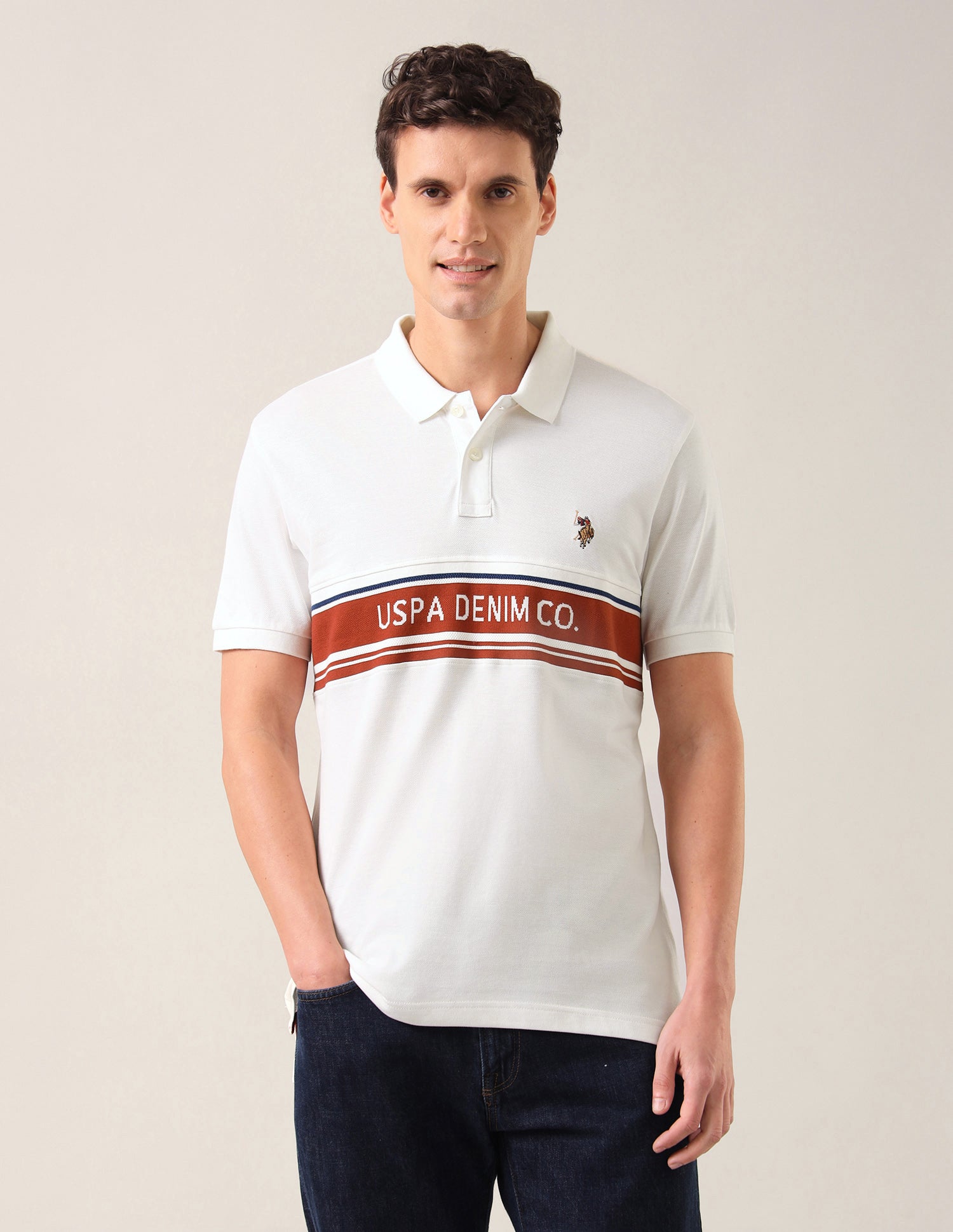 Colour Blocked With Brand Printed Slim Fit Polo Shirt Ivory - U.S. Polo Assn. India | Large