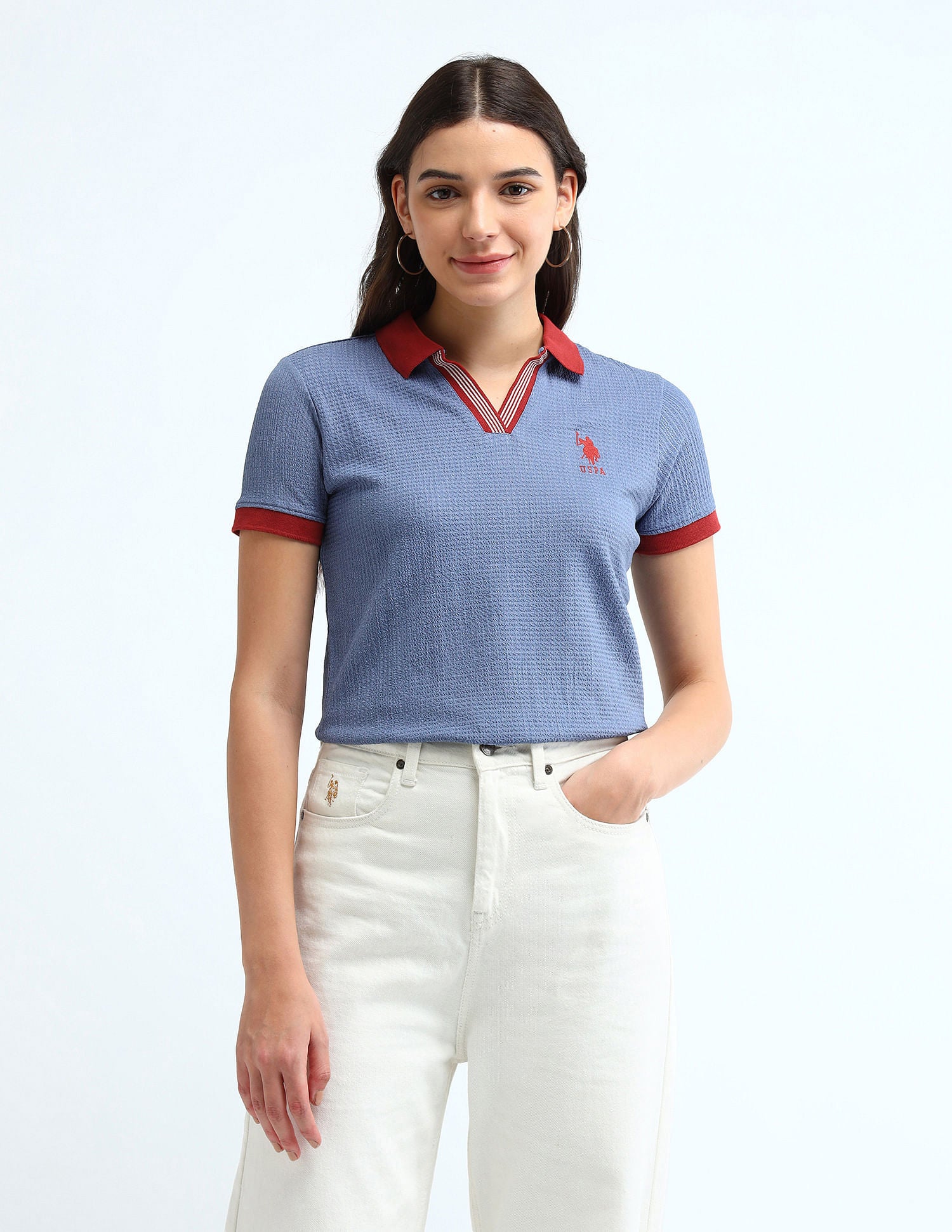 Contrast Collar Textured Polo Shirt Light Blue - U.S. POLO ASSN. | Large