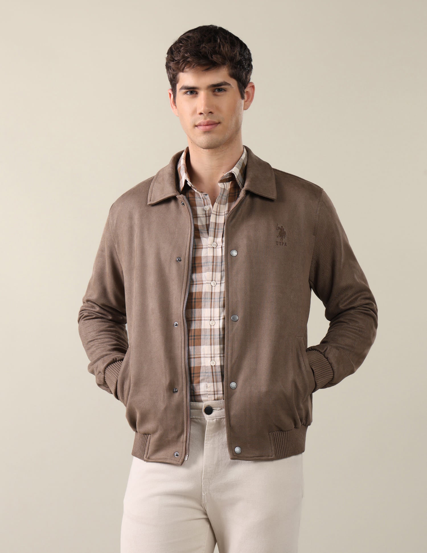 Solid Regular Fit Bomber Jacket Brown - U.S. Polo Assn. India | Large