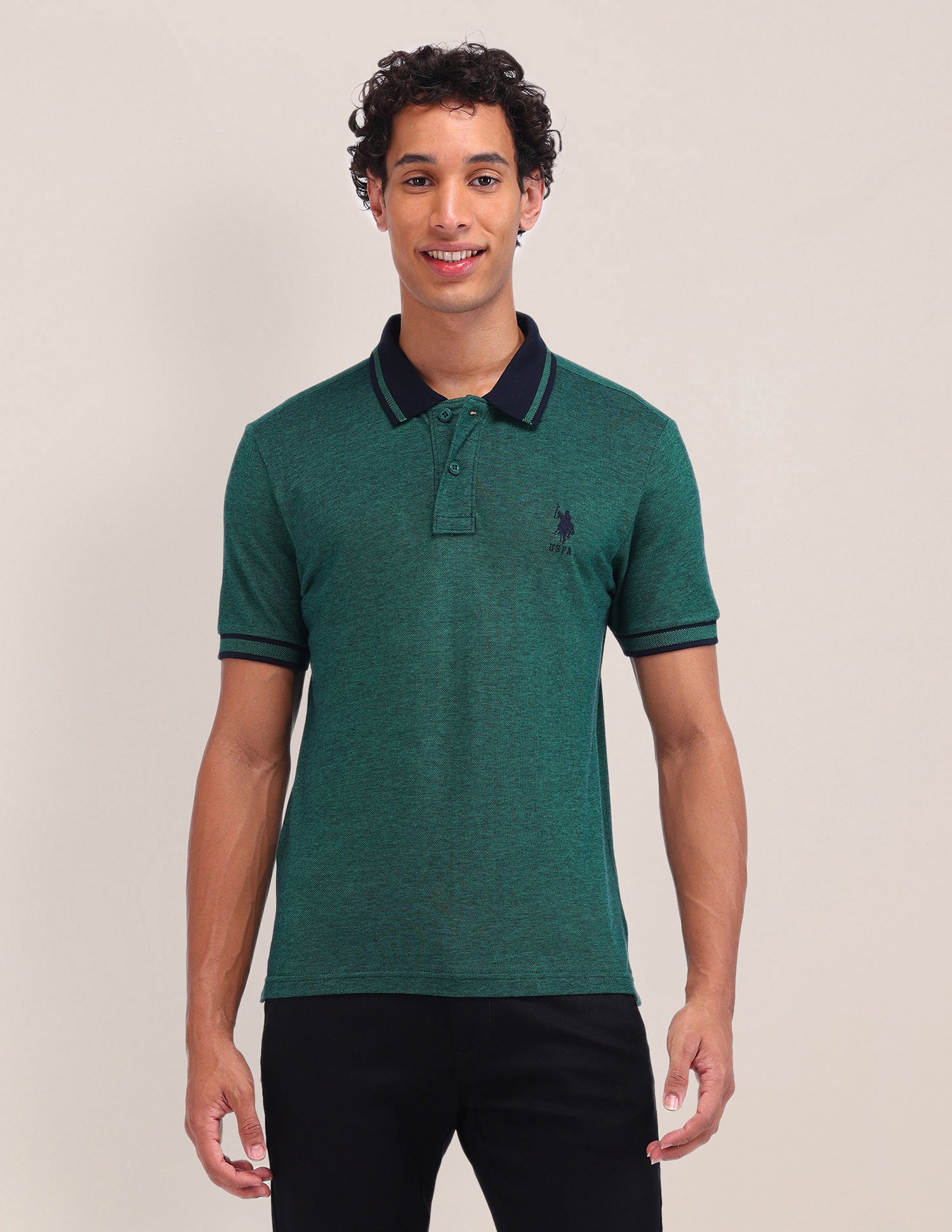 Textured Cotton Polo Shirt Dark Green - U.S. Polo Assn. India | Large
