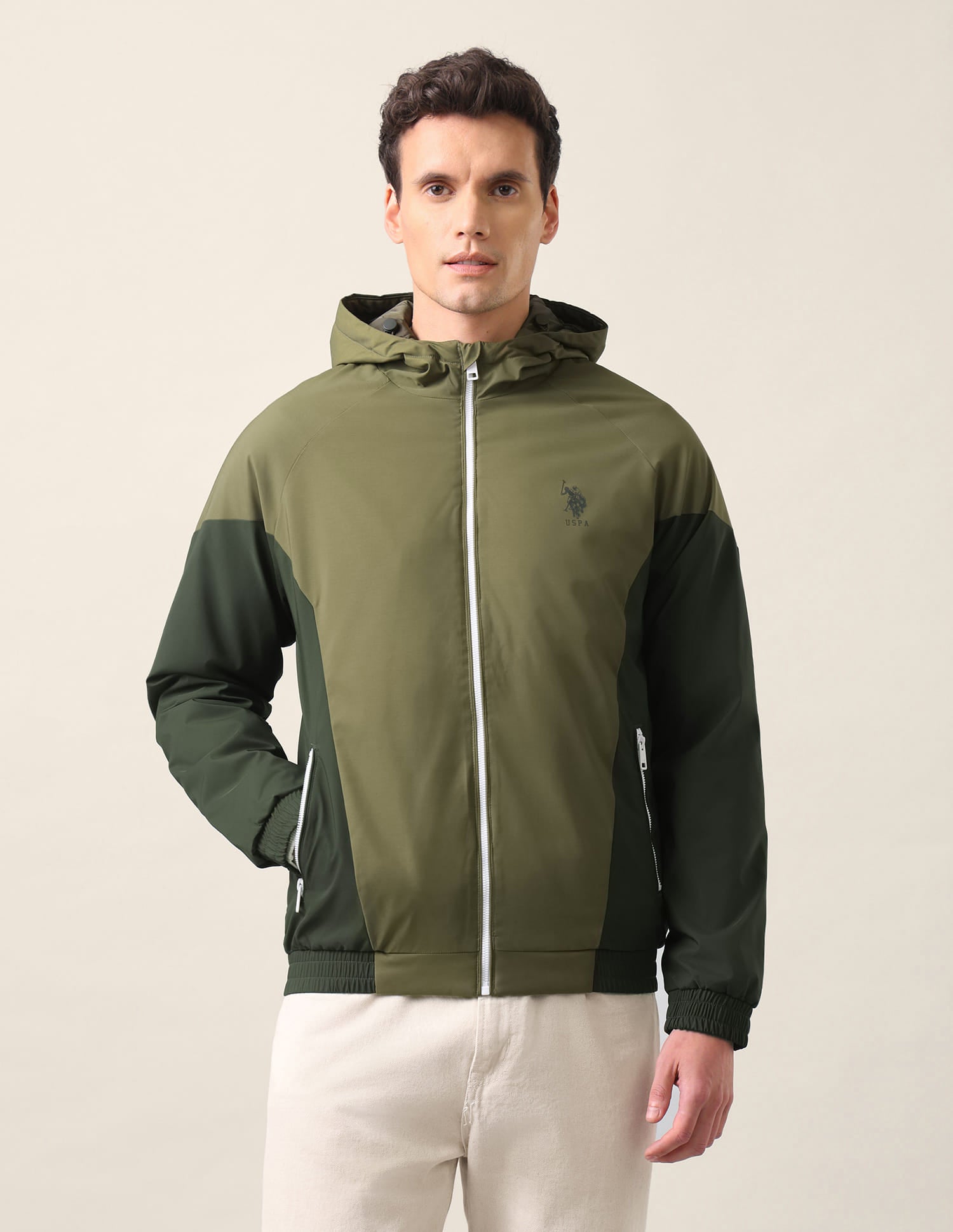 Colour Block Logo Hooded Jacket Olive - U.S. Polo Assn. India | Large