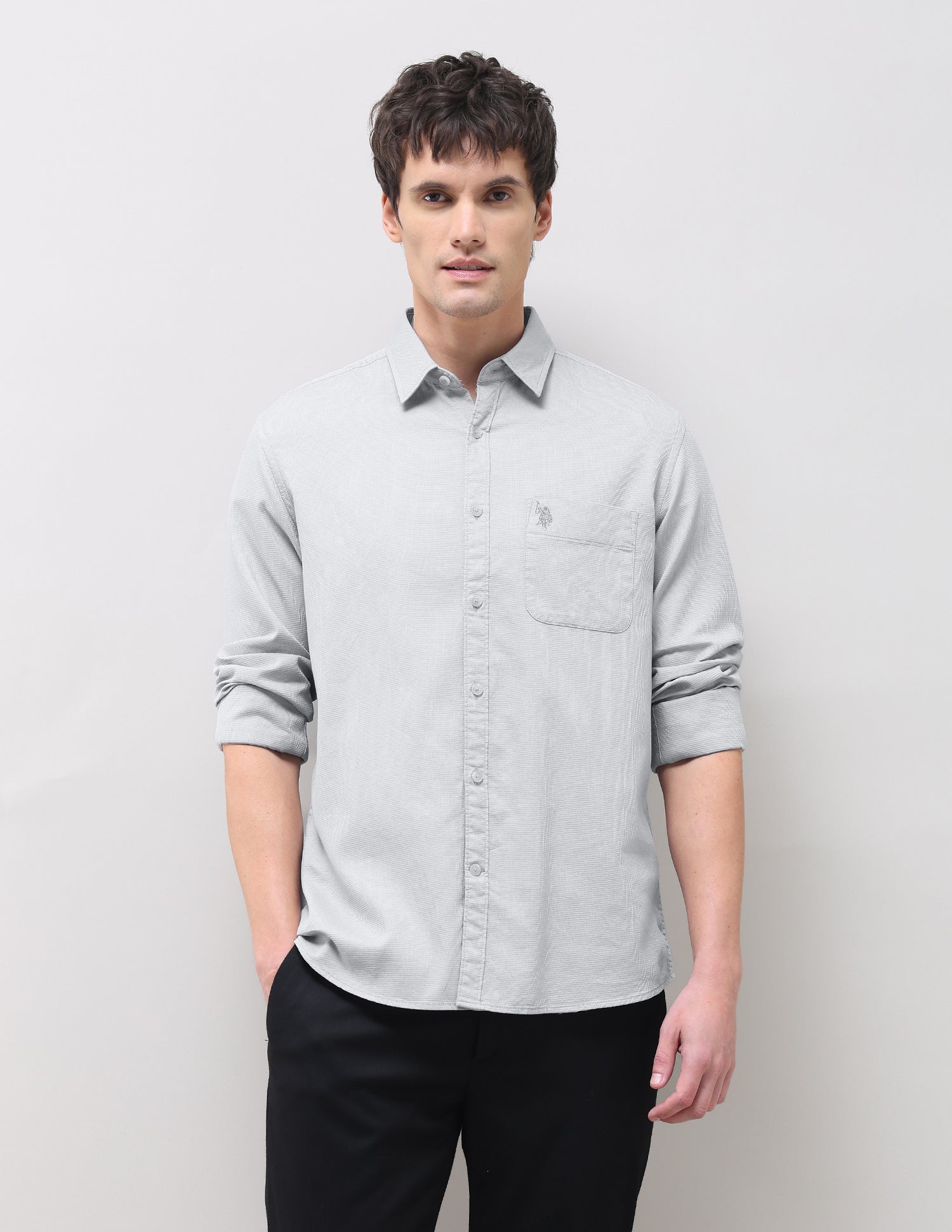 Textured Regular Fit Shirt Light Grey - U.S. Polo Assn. India | Large