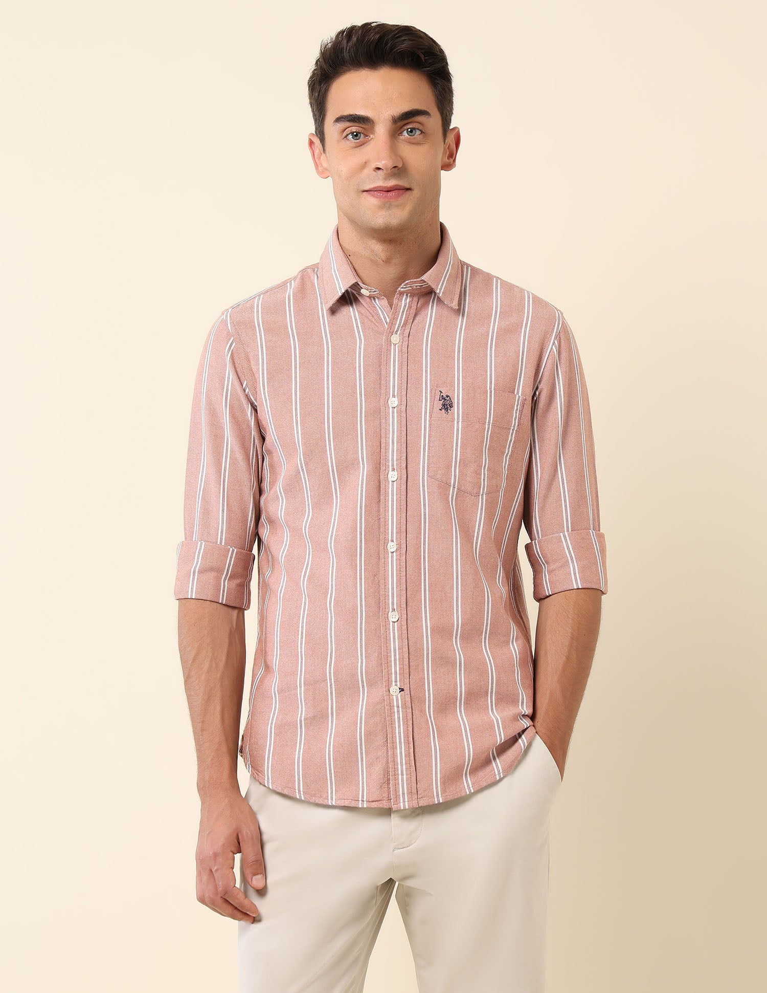 Vertical Striped Pure Cotton Shirt Rust - U.S. Polo Assn. India | Large