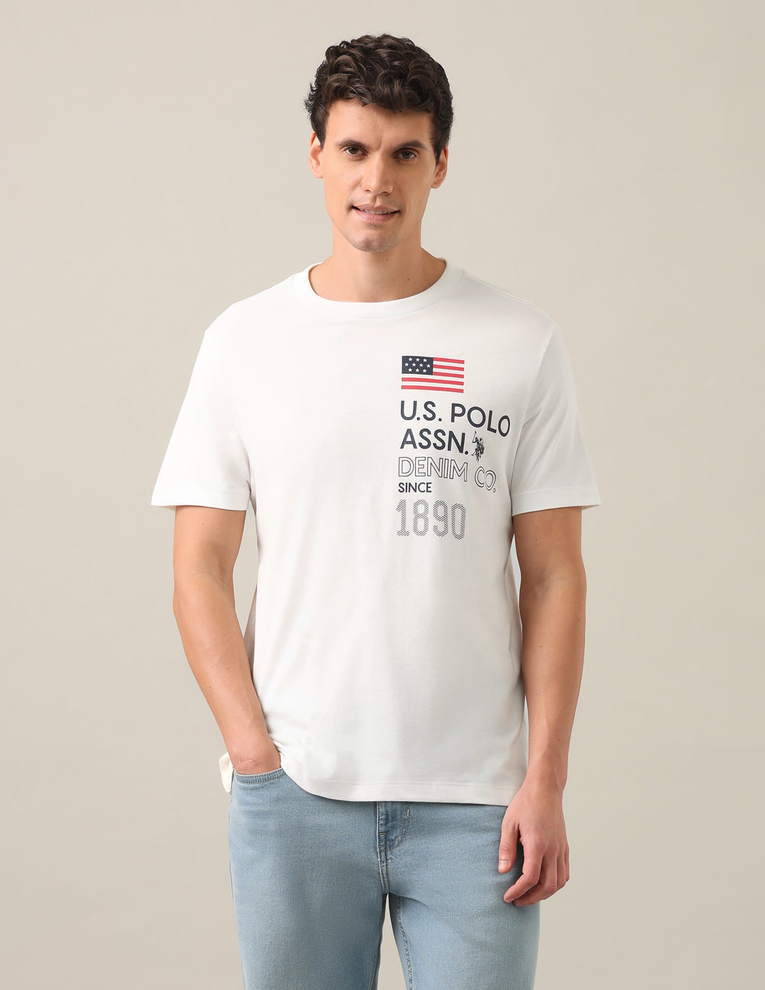 Typographic Brand Printed Regular Fit T-Shirt Ivory - U.S. Polo Assn. India | Large