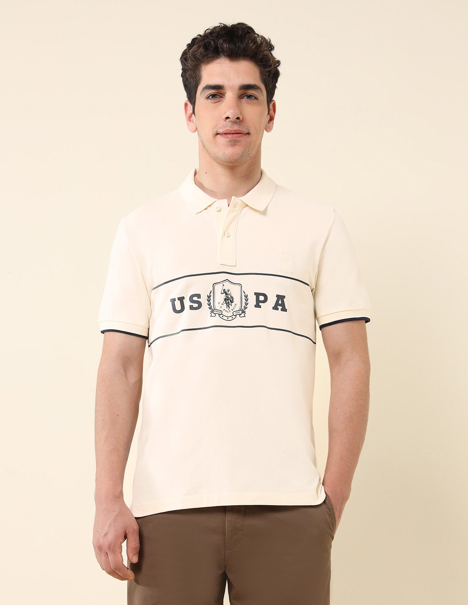 Brand Printed Slim Fit Classic Polo Shirt Beige - U.S. Polo Assn. India | Large