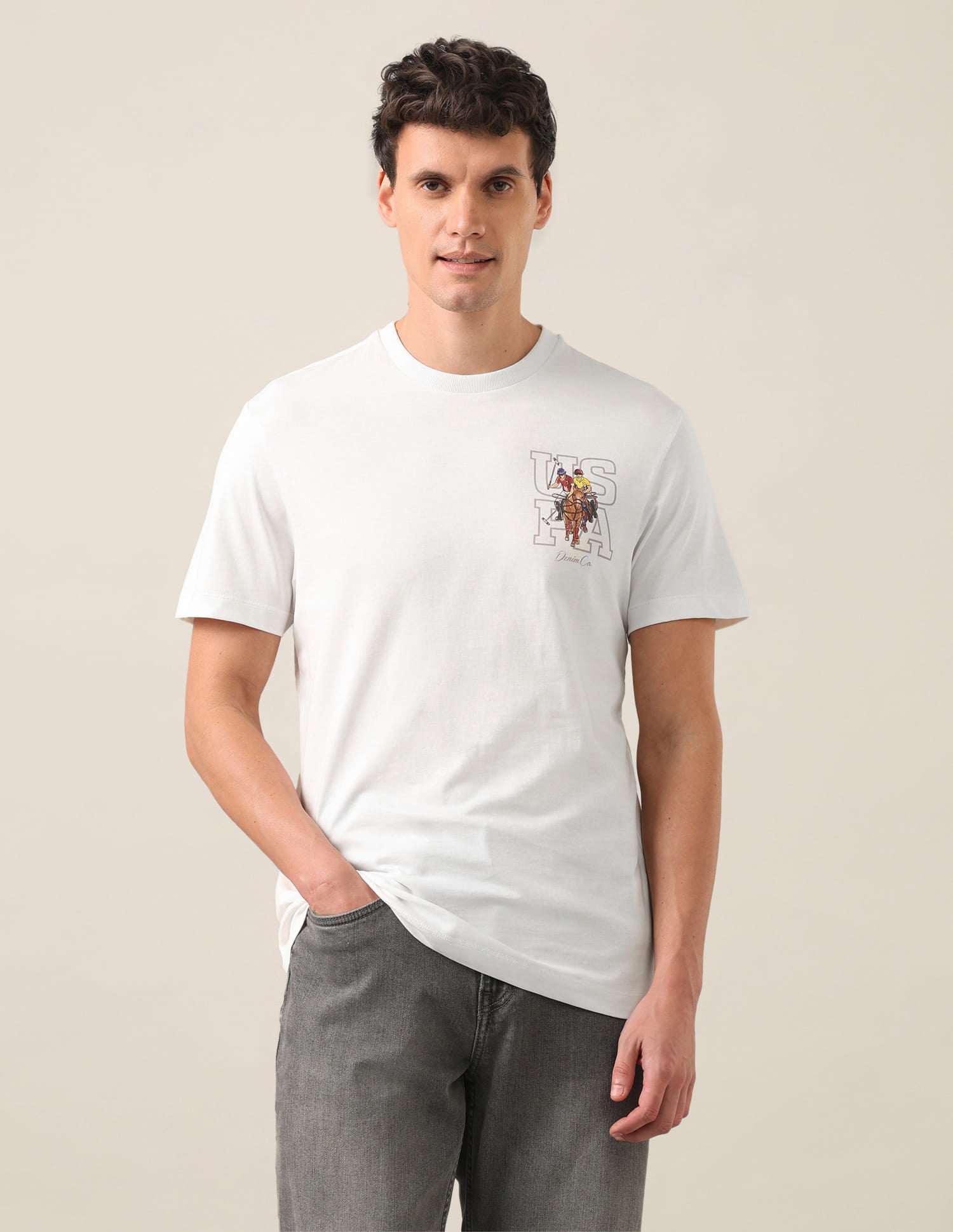 Graphic Brand Printed Slim Fit T-Shirt Ivory - U.S. Polo Assn. India | Large
