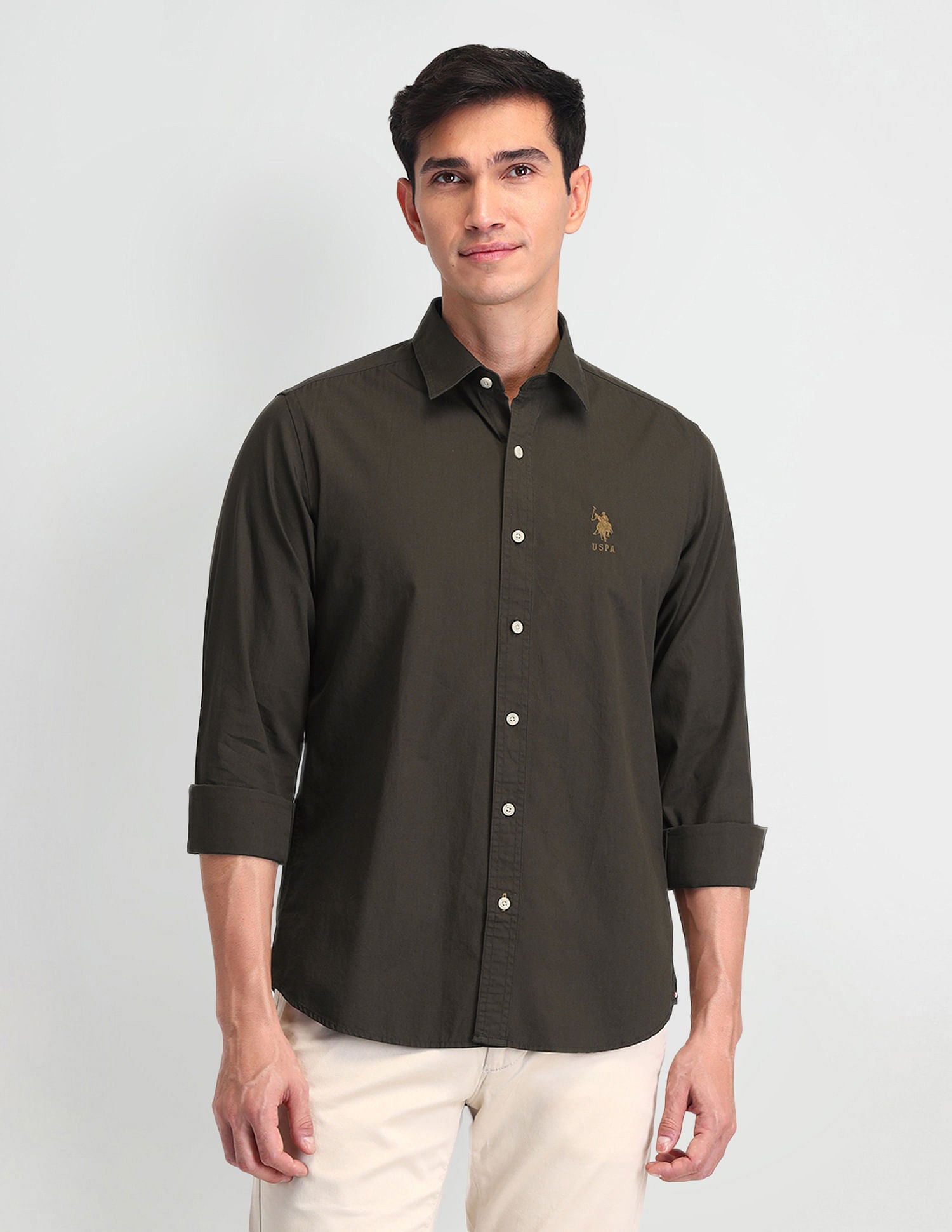 Slim Fit Poplin Shirt Dark Brown - U.S. Polo Assn. India | Large