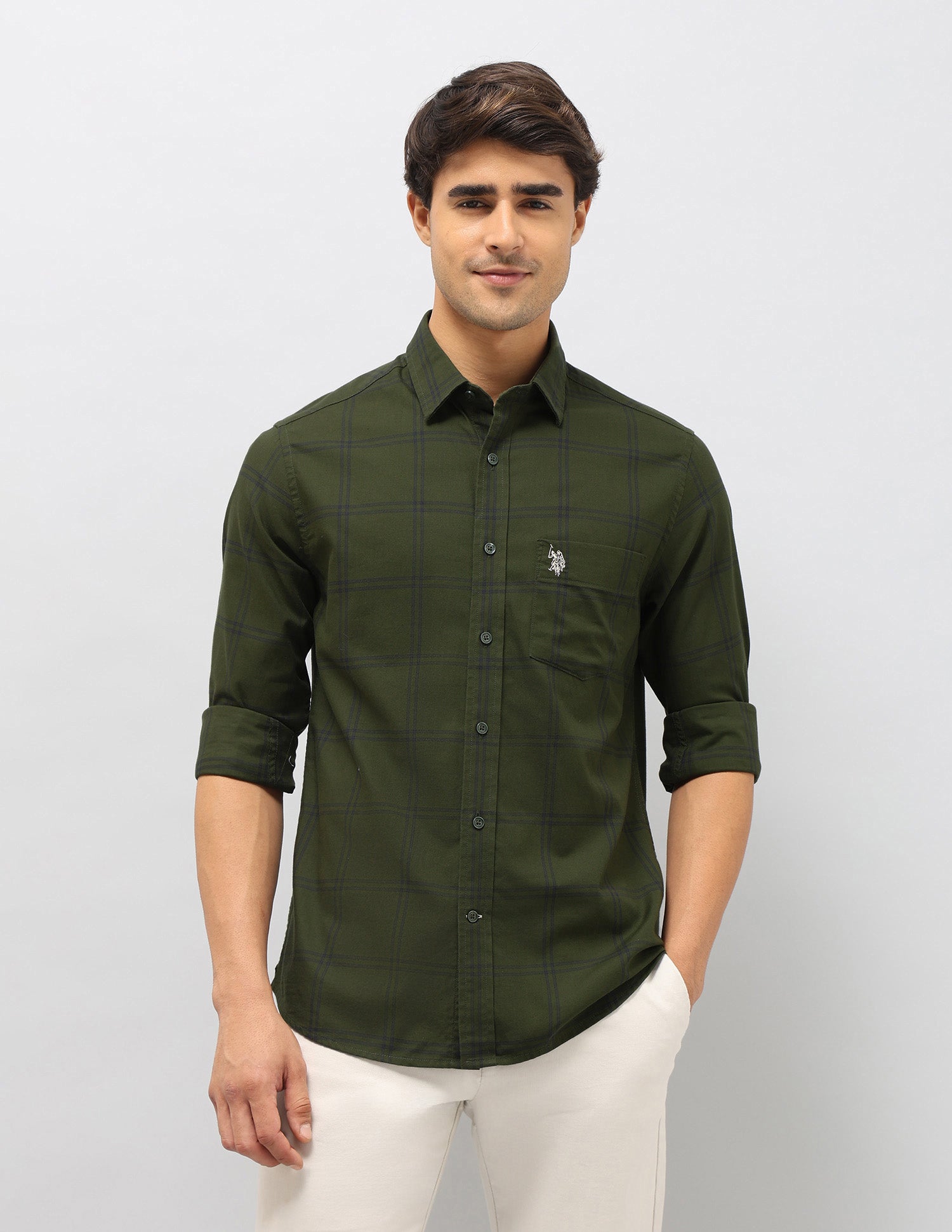 Grid Tattersall Checked Pure Cotton Shirt Dark Green - U.S. POLO ASSN. | Large