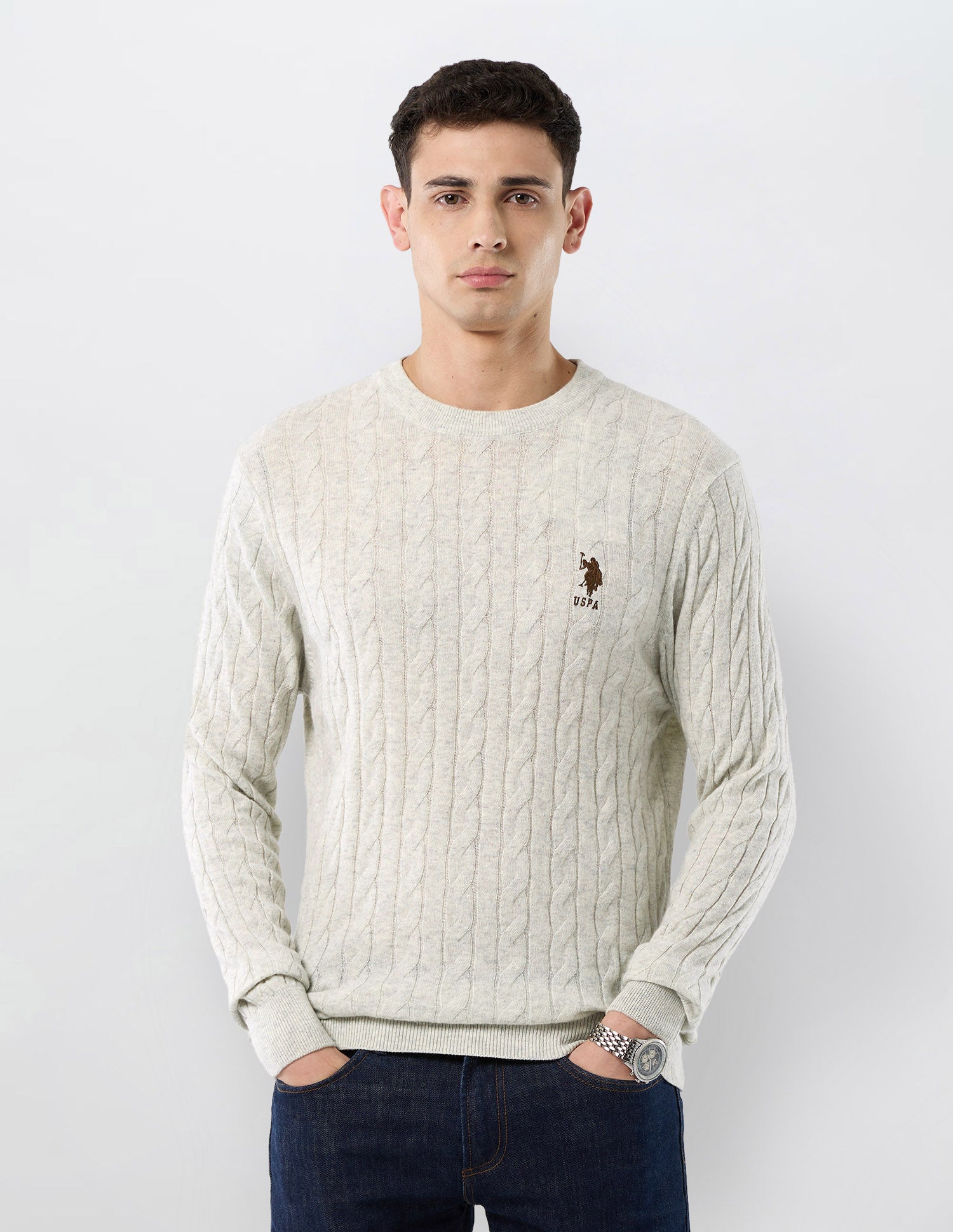 Patterned Cable Knit Regular Fit Sweater Off White - U.S. POLO ASSN. | Large
