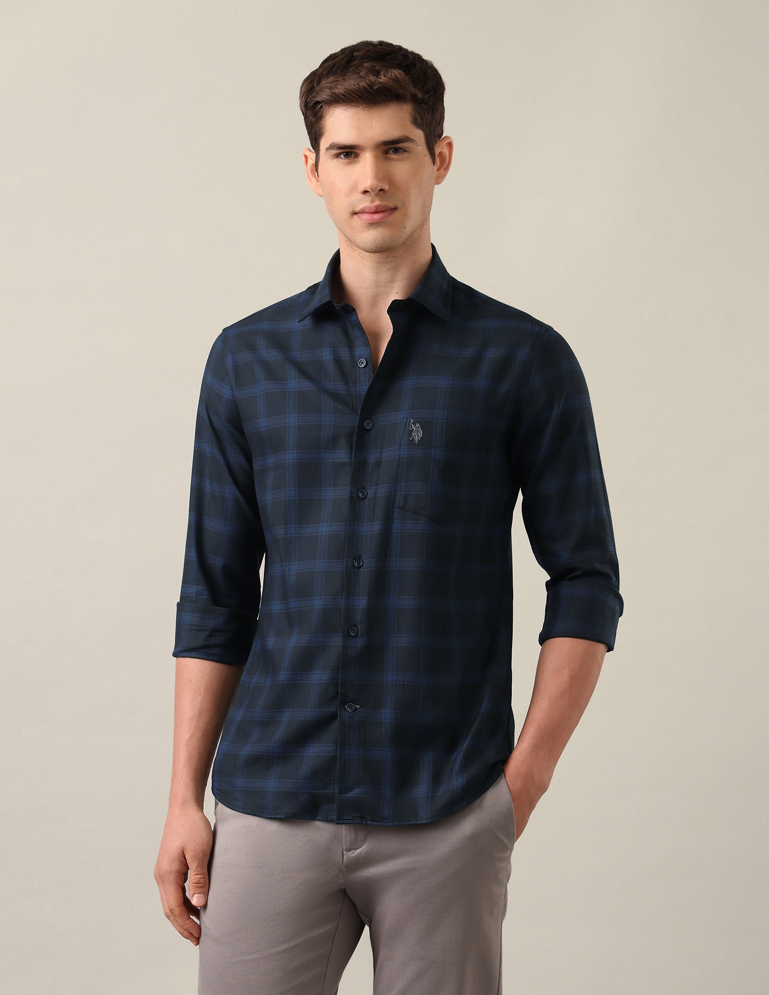 Tailored Fit Grid Tattersall Checked Shirt Navy - U.S. Polo Assn. India | Large