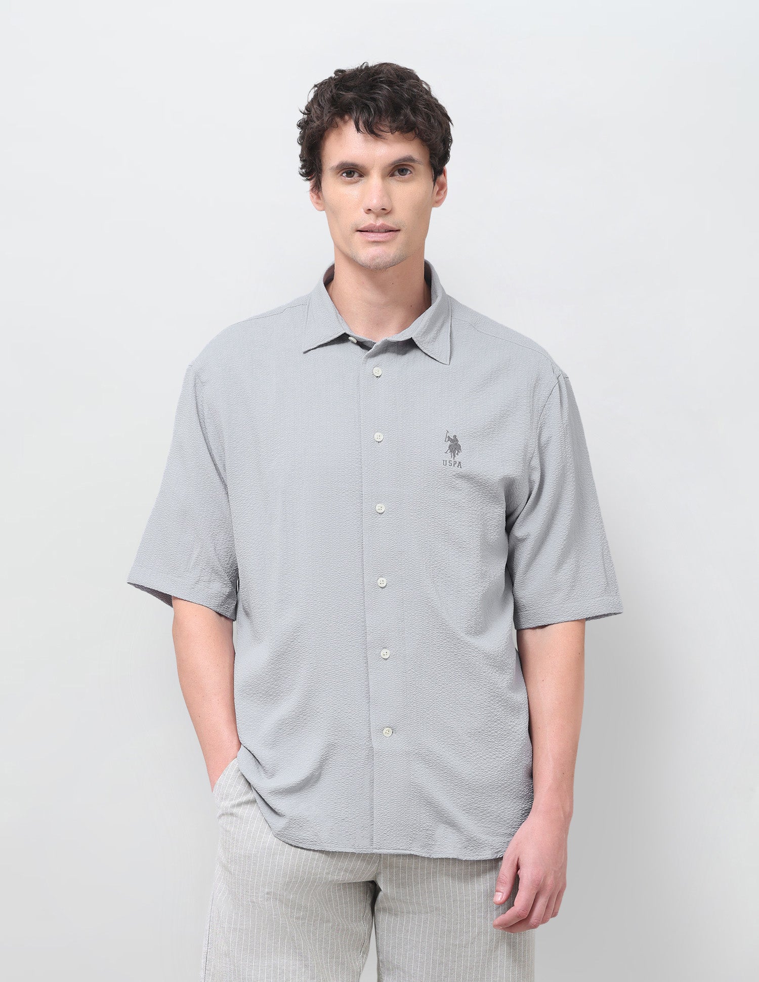 Solid Seersucker Shirt Light Grey - U.S. Polo Assn. India | Large