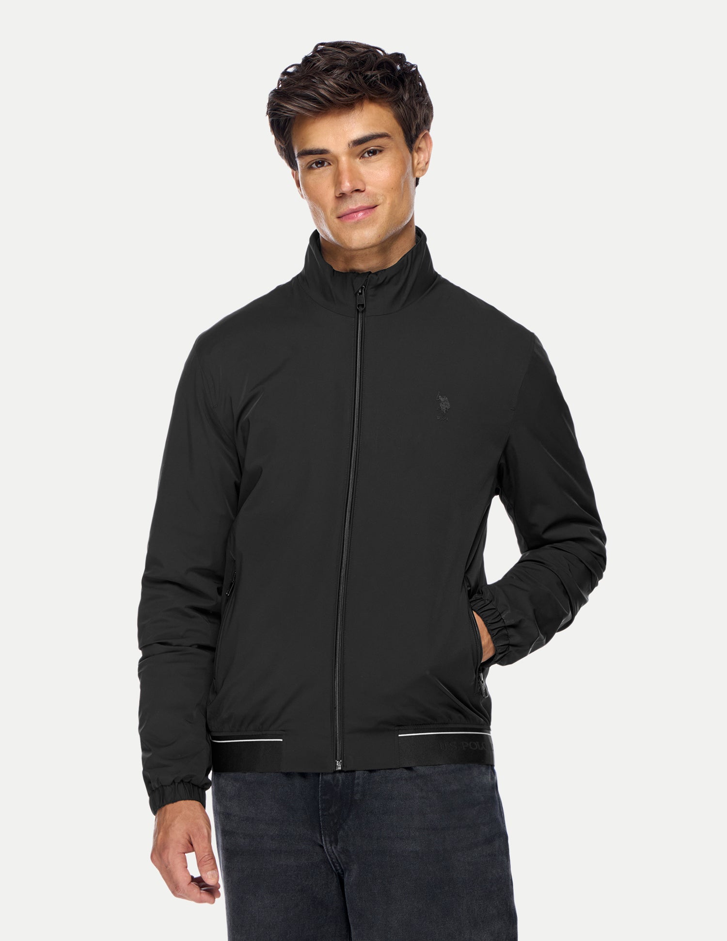 Solid Regular Fit Bomber Jacket Black - U.S. Polo Assn. India | Large