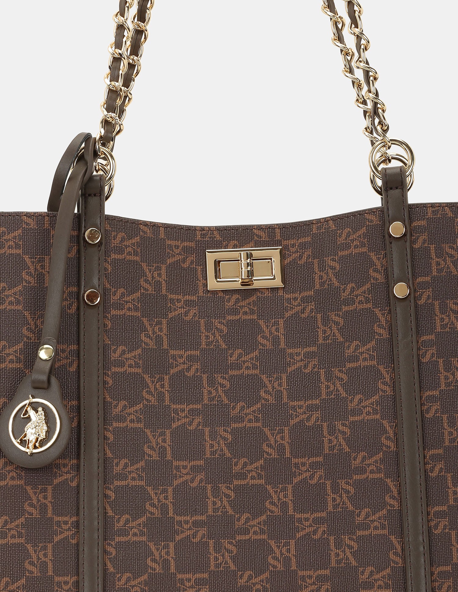 Women Kylie Monogram Tote Bag with Twist Lock Brown - U.S. POLO ASSN. | Large