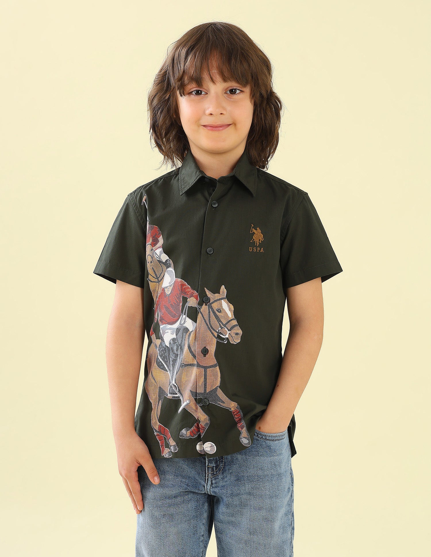 Graphic Brand Printed Regular Fit Shirt Dark Olive - U.S. Polo Assn. India | Large