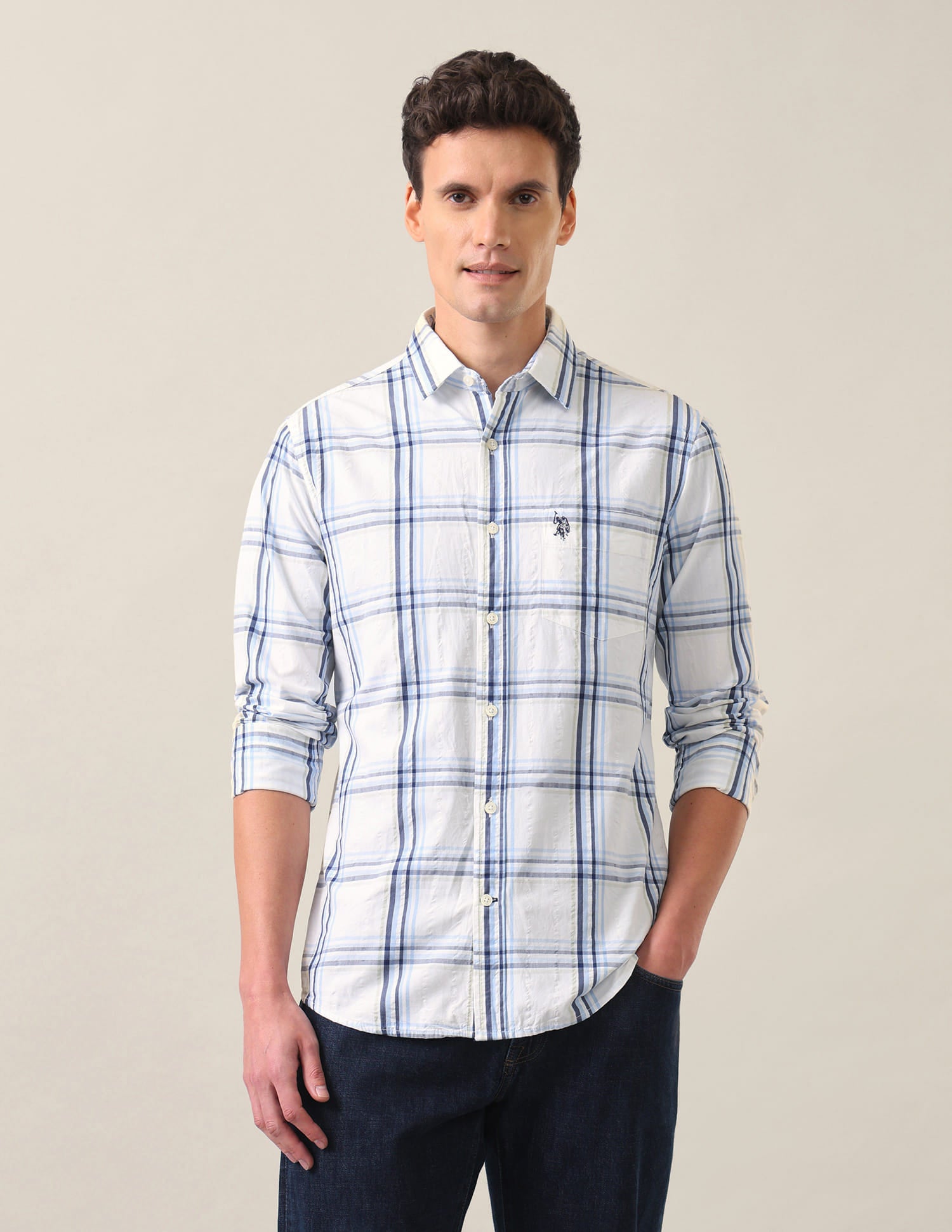 Plaid Checked Tailored Fit Shirt Blue - U.S. Polo Assn. India | Large