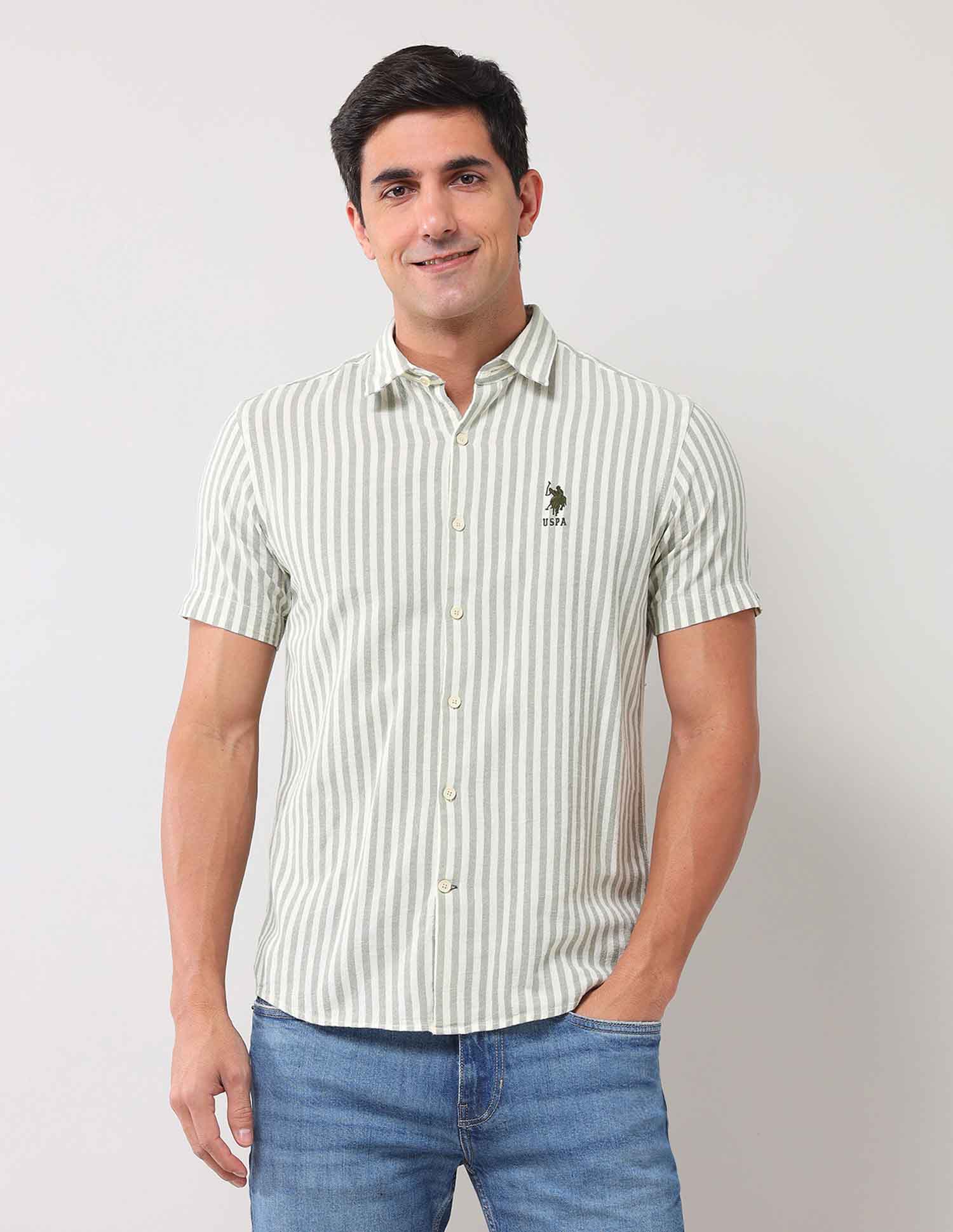 Regular Fit Vertical Striped Shirt Olive - U.S. Polo Assn. India | Large