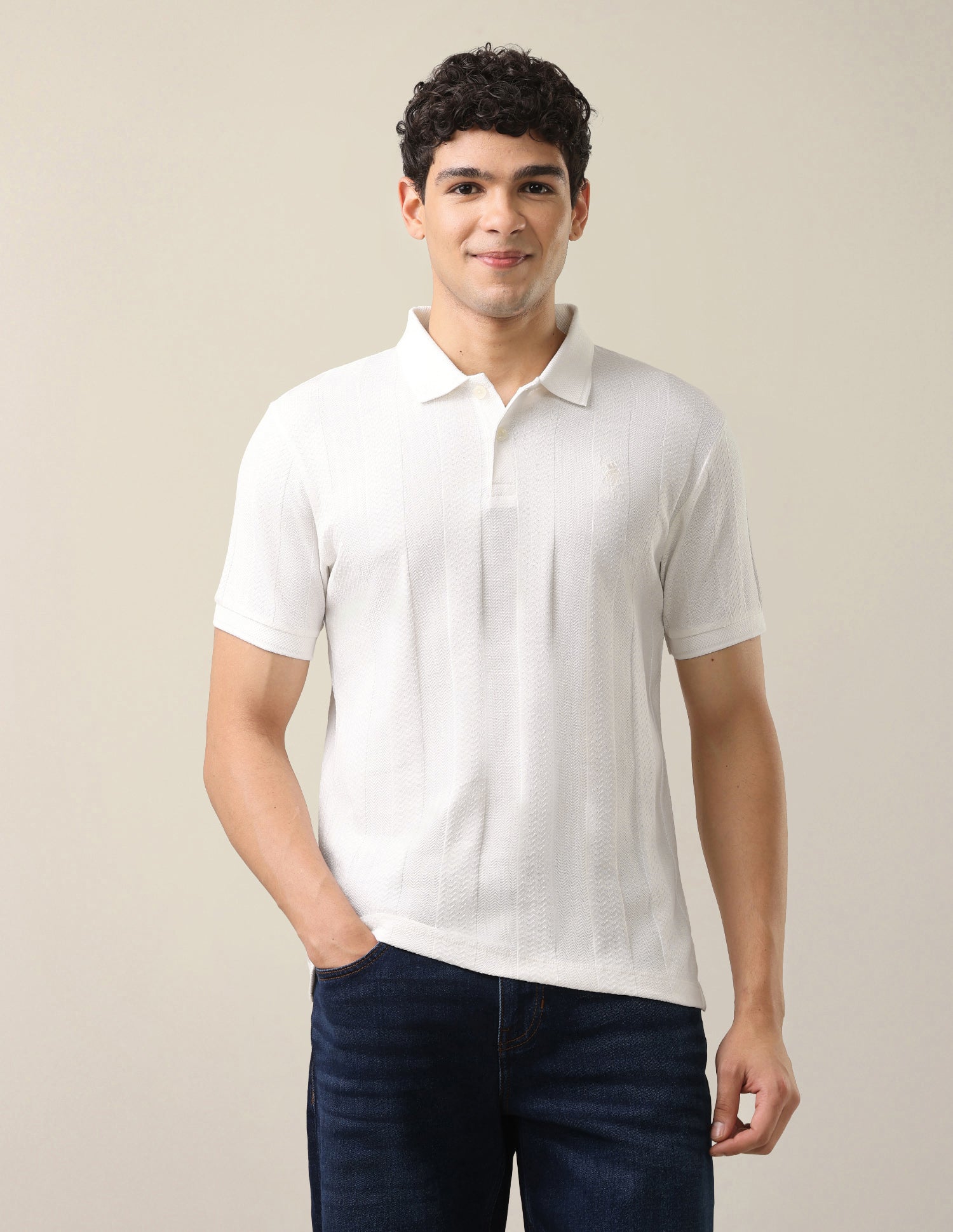 Self Design Vertical Striped Slim Fit Polo Shirt Ivory - U.S. Polo Assn. India | Large