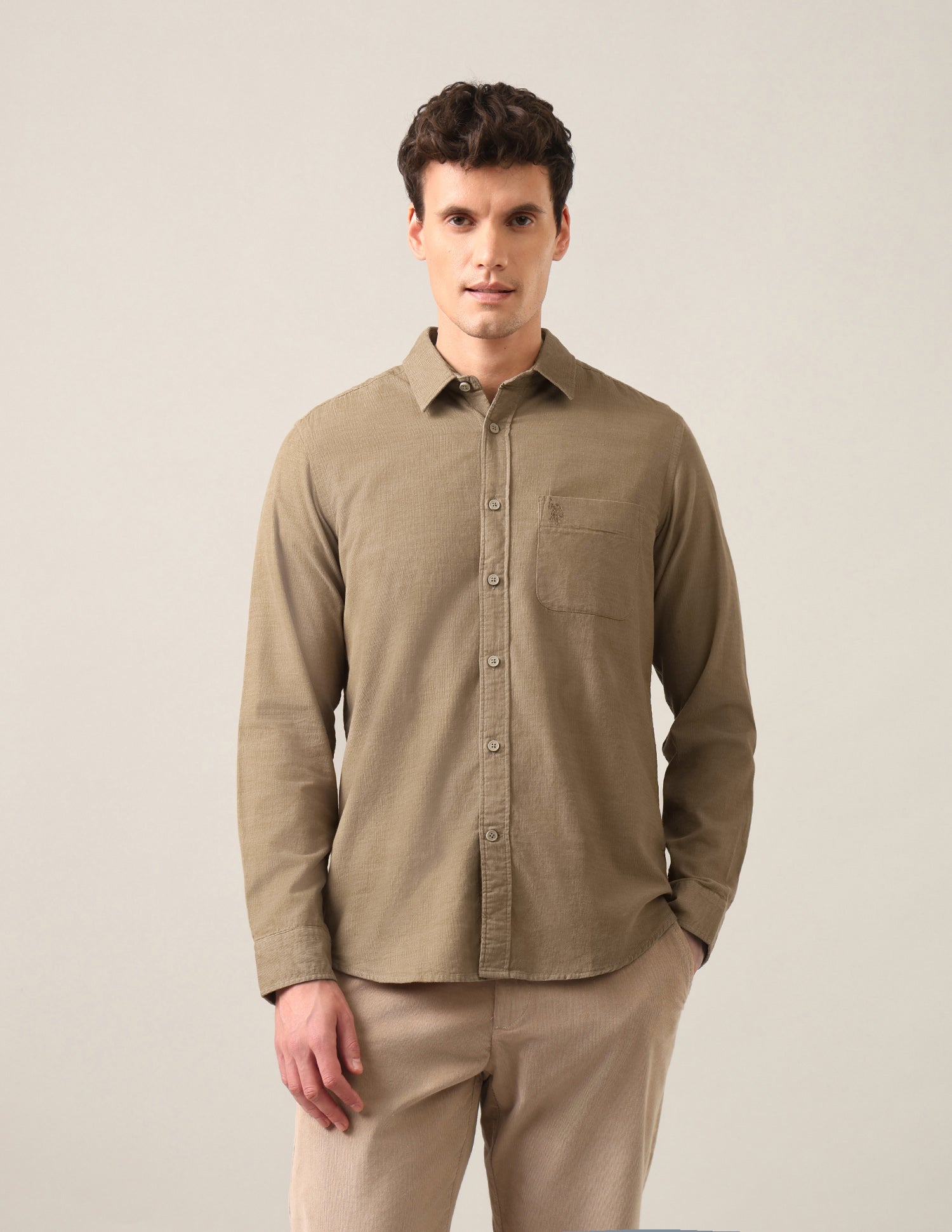 Solid Corduroy Shirt Light Khaki - U.S. Polo Assn. India | Large