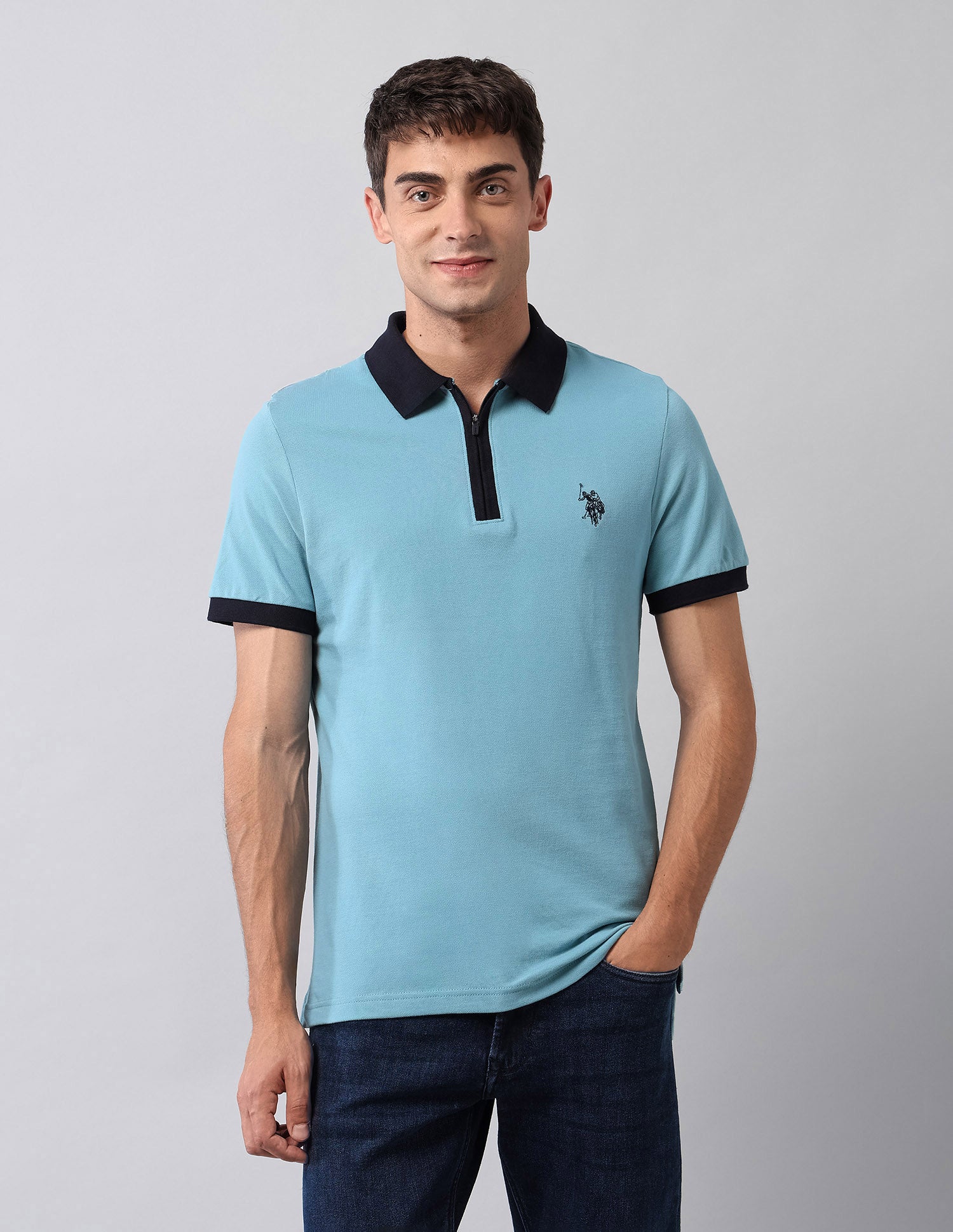 Pure Cotton Muscle Fit Polo Shirt Light Blue - U.S. Polo Assn. India | Large