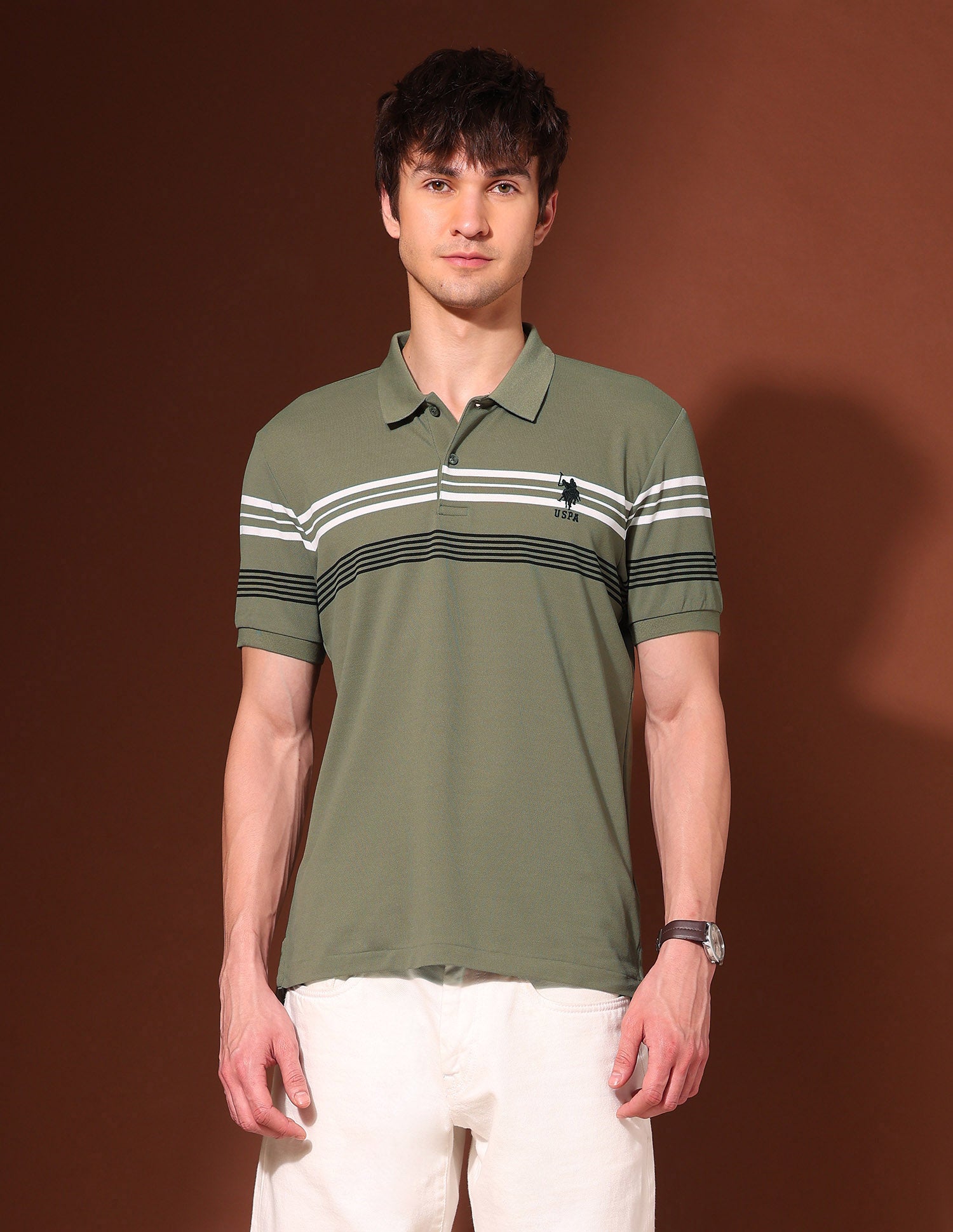 Horizontal Striped Working Holiday Polo Shirt Light Olive - U.S. Polo Assn. India | Large