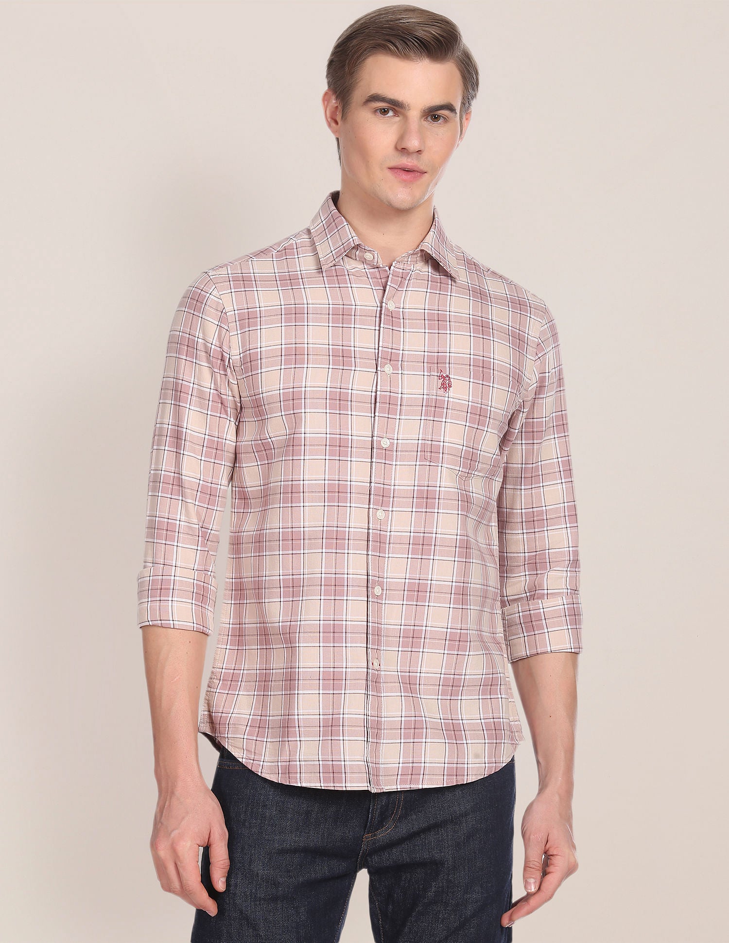 Spread Collar Tartan Check Shirt Beige - U.S. Polo Assn. India | Large