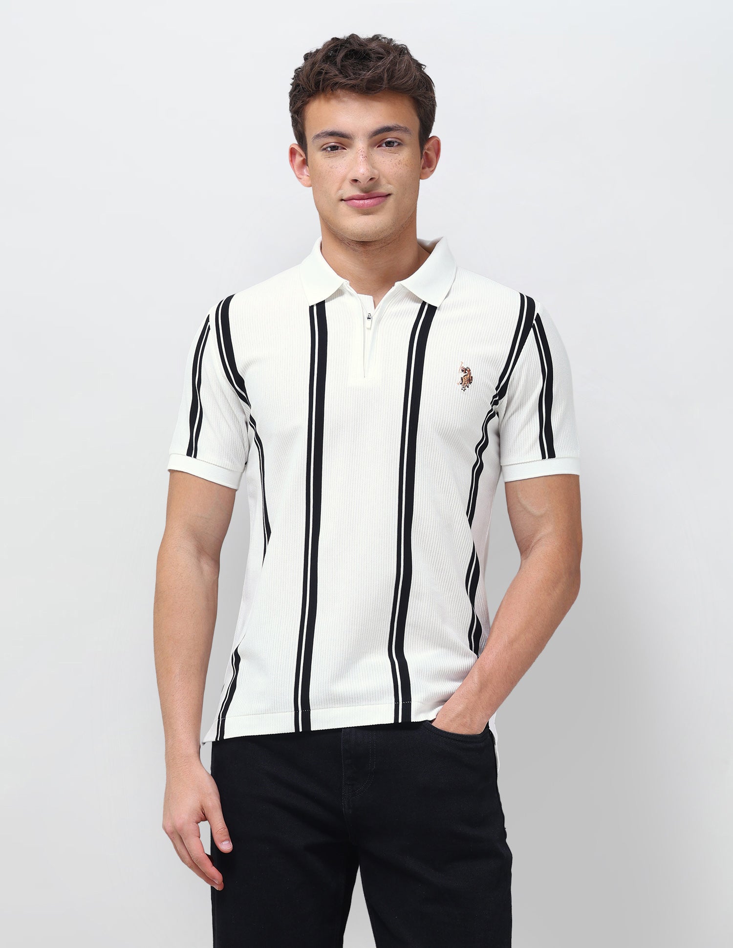 Vertical Striped Slim Fit Polo Shirt Ivory - U.S. Polo Assn. India | Large