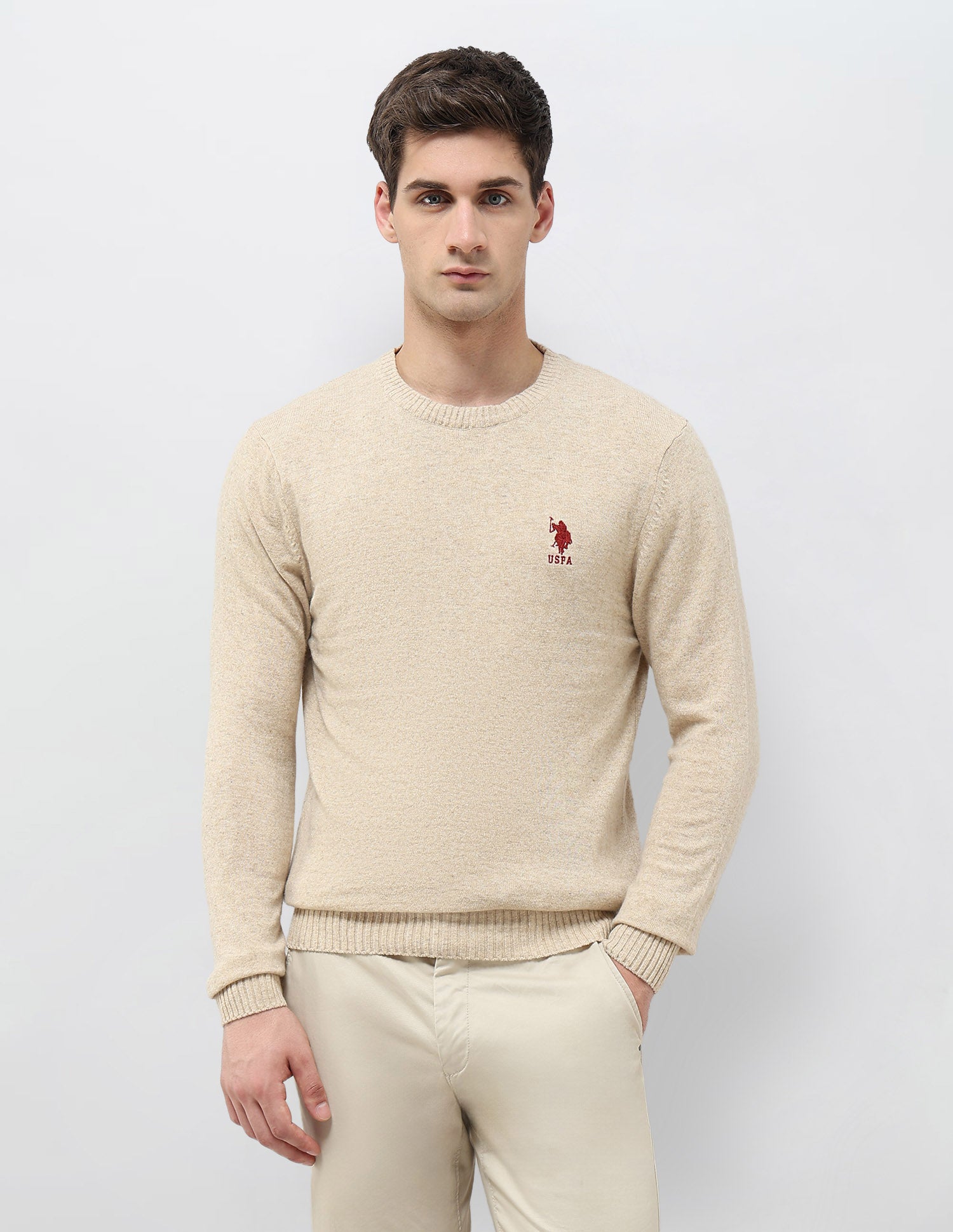 Solid Pattern Regular Fit Sweater Beige - U.S. Polo Assn. India | Large