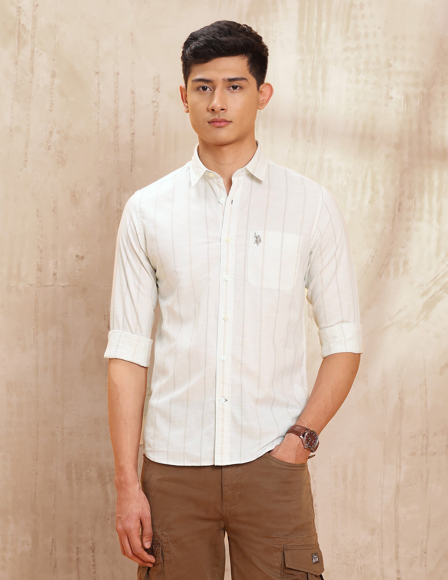 Vertical Striped Pure Cotton Shirt Ecru - U.S. POLO ASSN. | Large