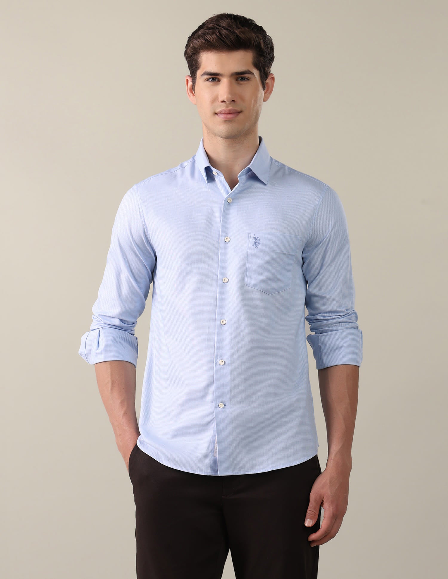 Textured Tailored Fit Shirt Blue - U.S. Polo Assn. India | Large