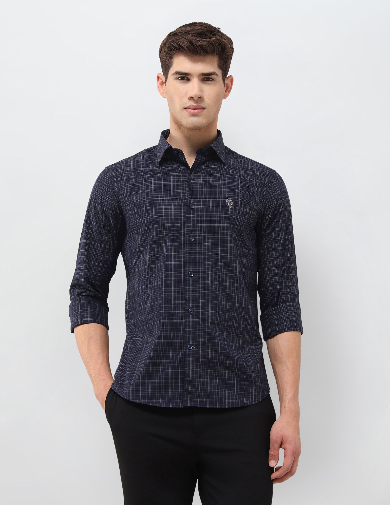 Grid Tattersall Checked Tailored Fit Shirt Navy - U.S. Polo Assn. India | Large