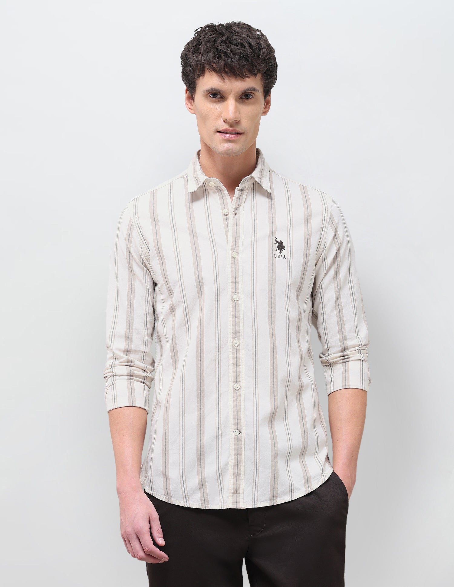 Vertical Striped Regular Fit Shirt Beige - U.S. Polo Assn. India | Large