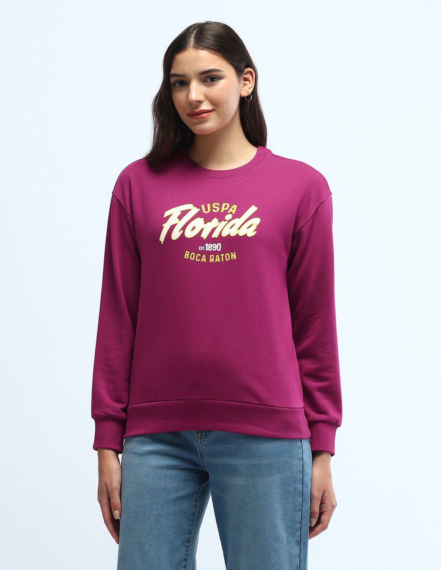 Crew Neck Graphic Print Sweatshirt Fuchsia - U.S. POLO ASSN. | Large