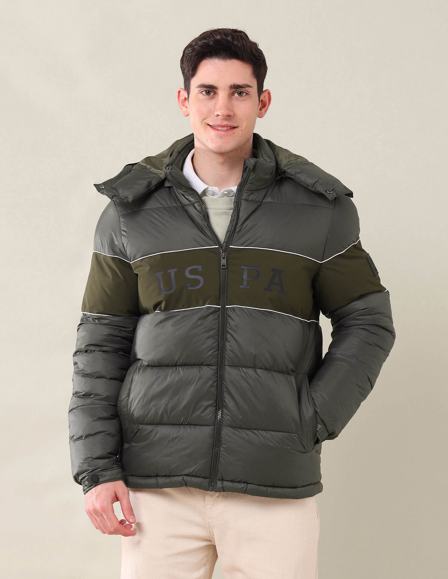 Colourblocked Regular Fit Puffer Jacket Brown - U.S. Polo Assn. India | Large