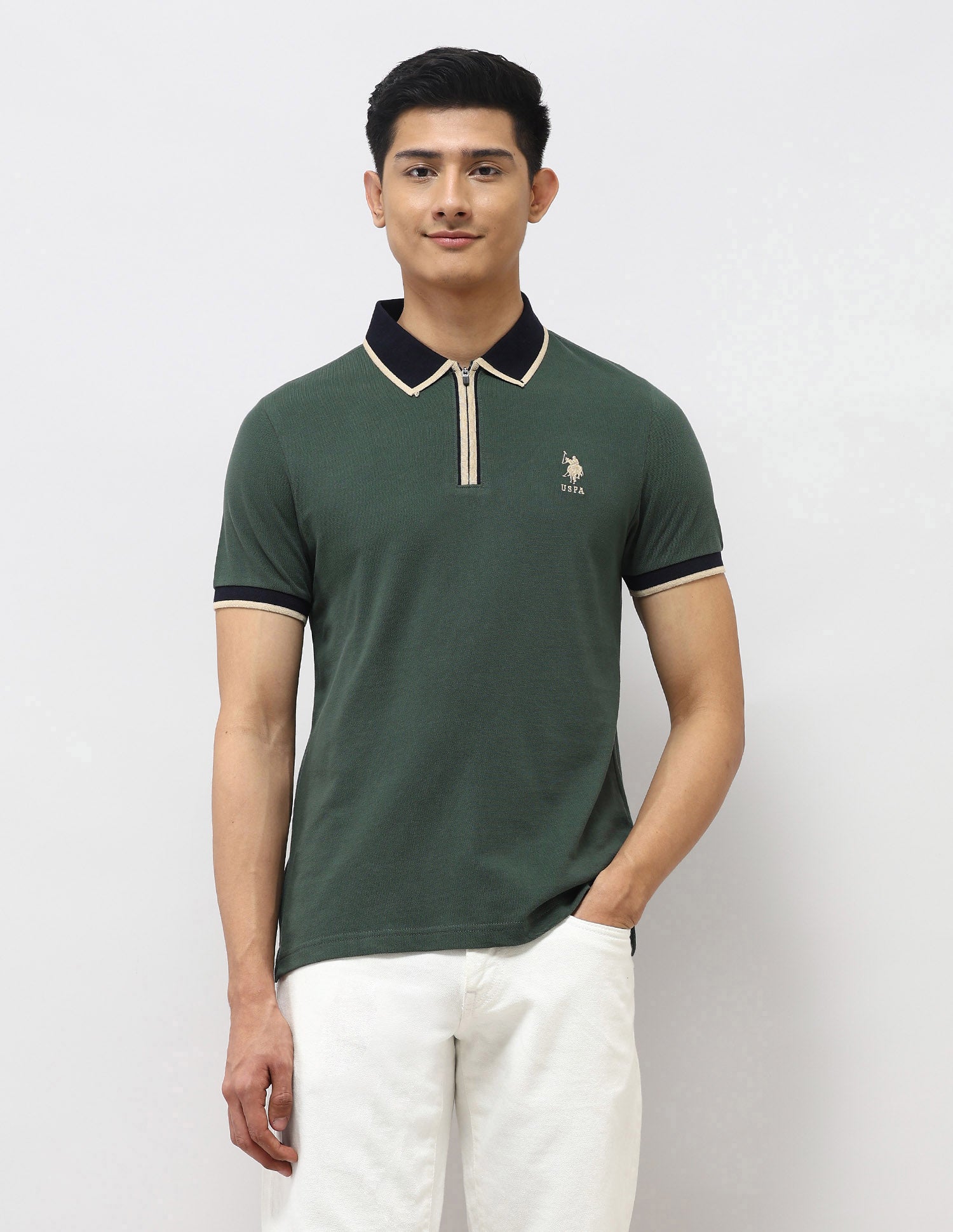 Pure Cotton Muscle Fit Polo Shirt Olive - U.S. Polo Assn. India | Large