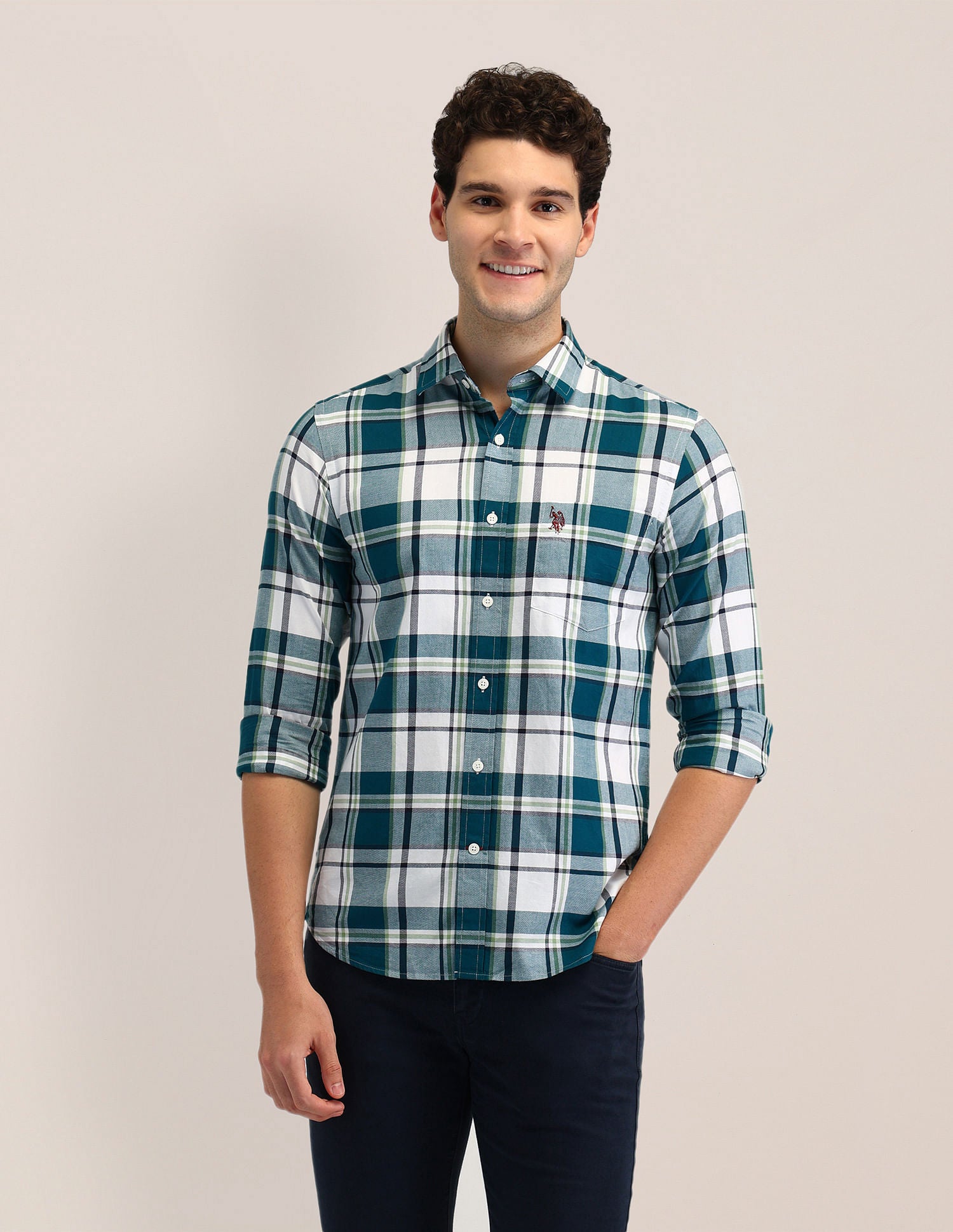 Tailored Fit Dobby Checked Shirt Teal - U.S. POLO ASSN. | Large