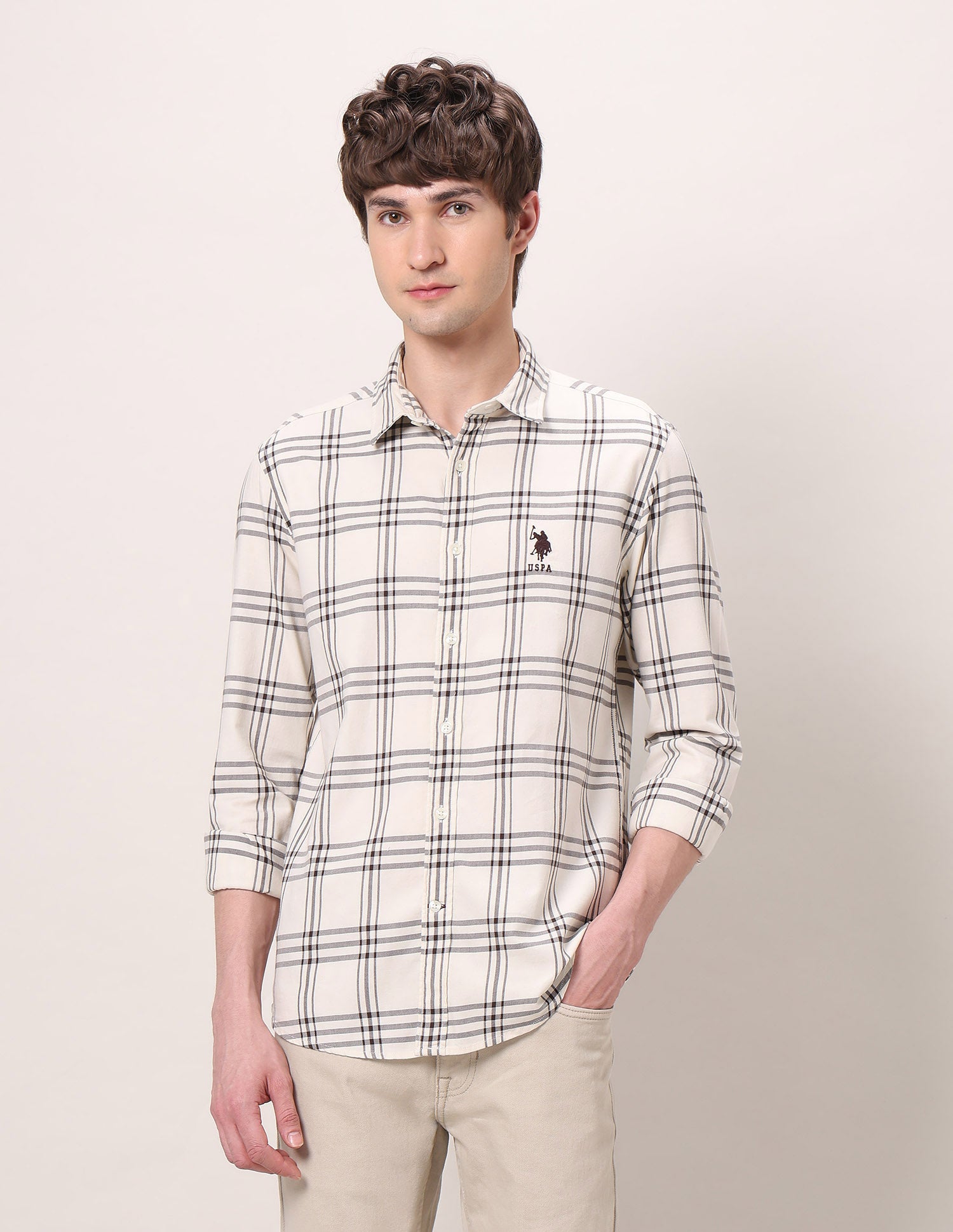 Grid Tattersall Checked Pure Cotton Shirt Ivory - U.S. POLO ASSN. | Large