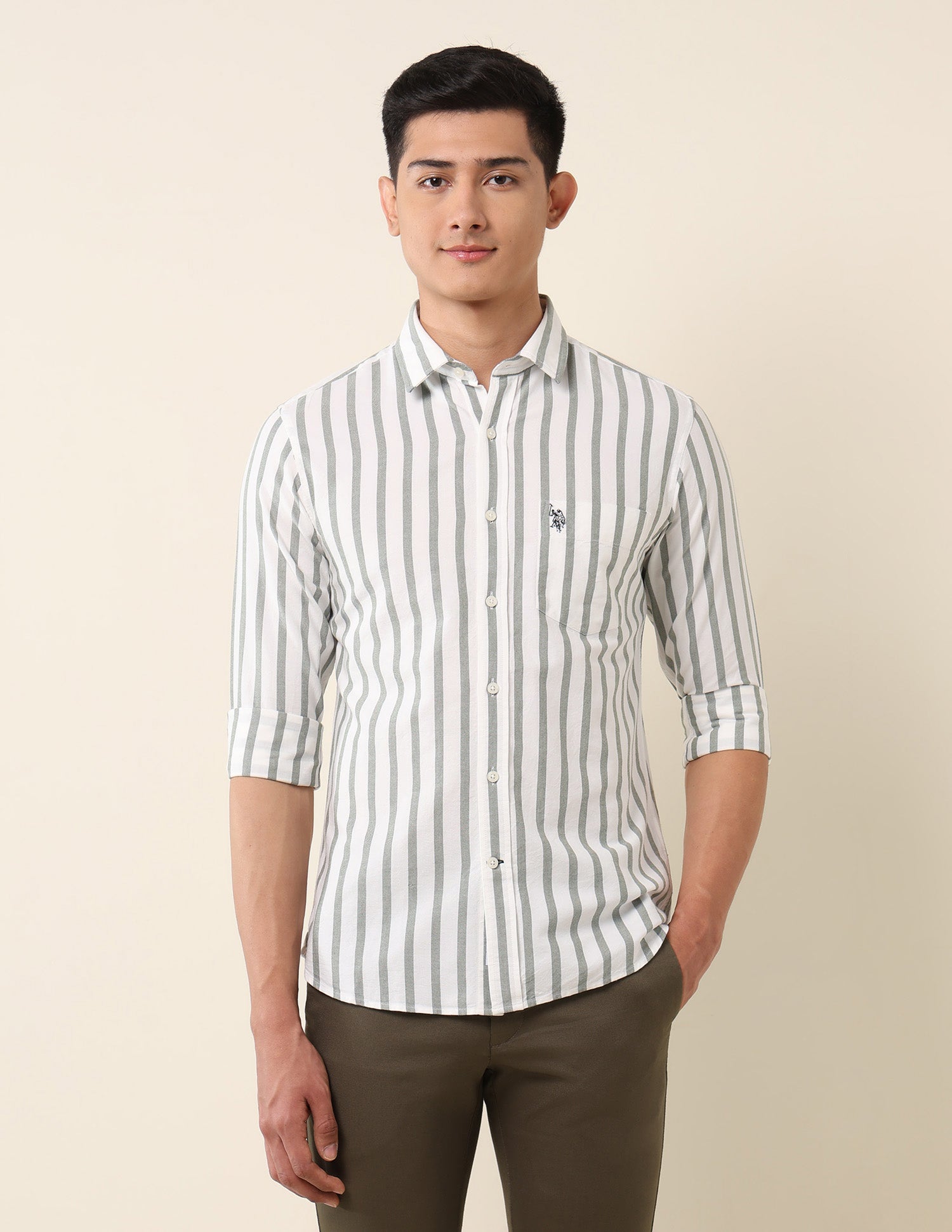 Vertical Striped Pure Cotton Shirt Dark Green - U.S. Polo Assn. India | Large