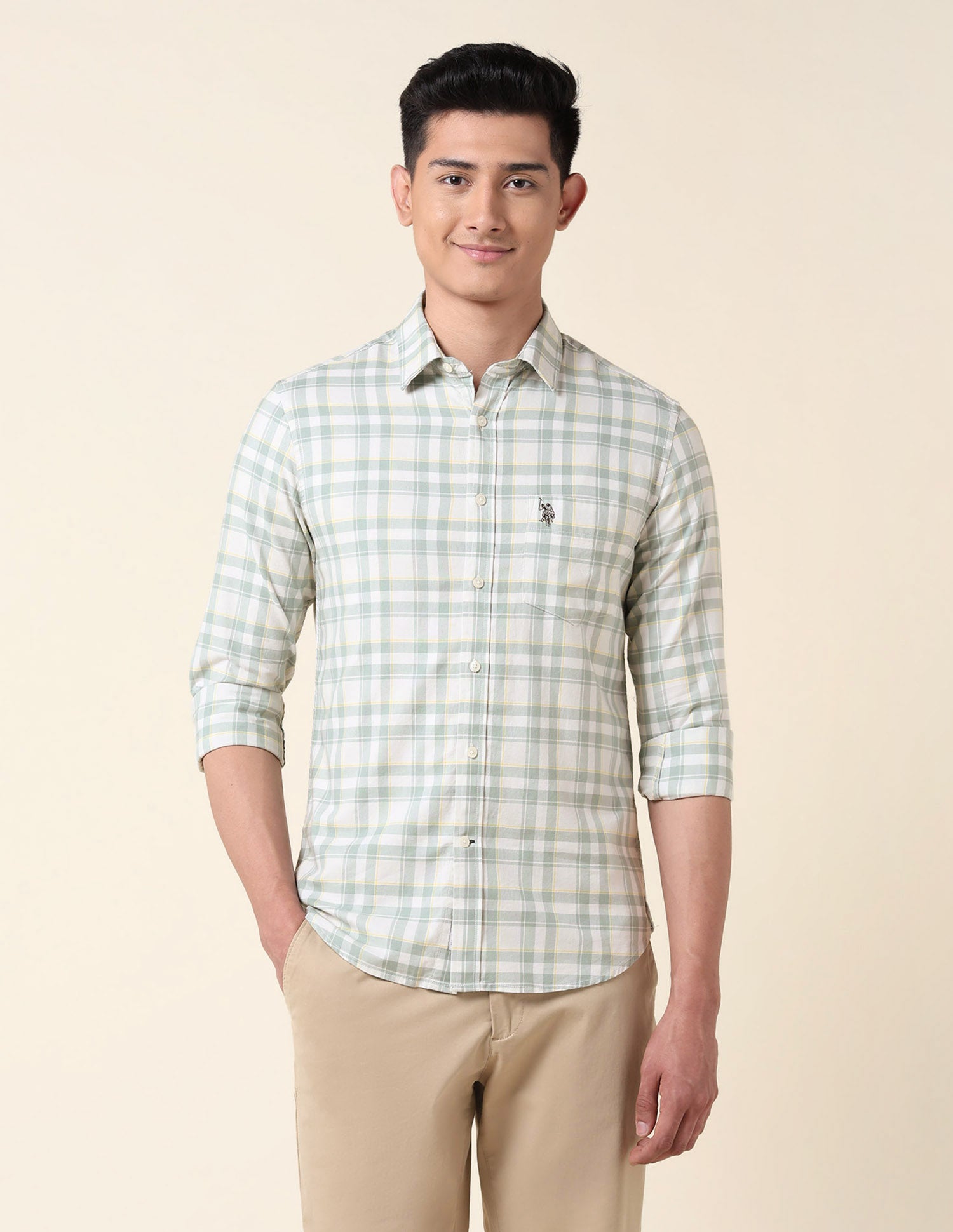 Grid Tattersall Checked Tailored Fit Shirt Light Green - U.S. POLO ASSN. | Large